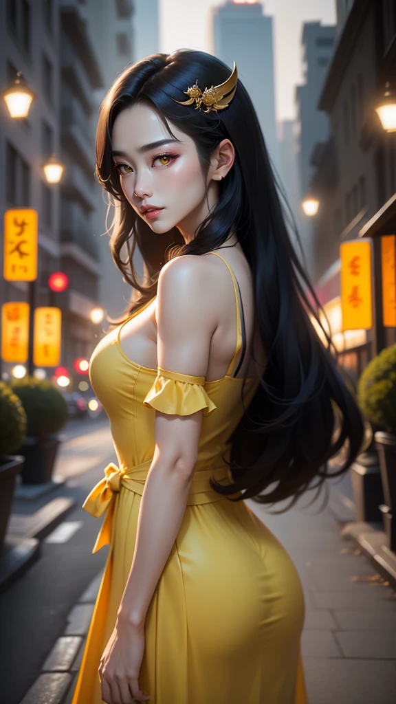 (masterpiece, top quality, best quality, official art, beautiful and aesthetic: 1.2), (1 woman: 1.3) Succubus girl, long black hair, yellow eyes, succubus wing, attractive, flying in the moonlight, Dancing lightly. backwadrs, Looking back. Very sexy, with chin resting on shoulder