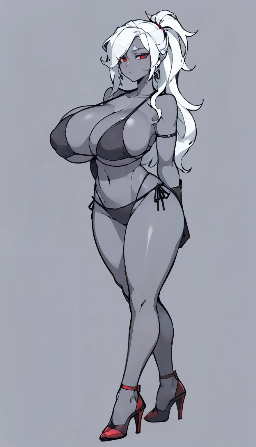 SFW, ((black grey skin Drow)) (bikini), (gigantic breasts, huge breasts, Big breast), firm breasts, arms behind back, (white_hair, red_eyes), long ponytail, full_body, solo, gloves, high heels