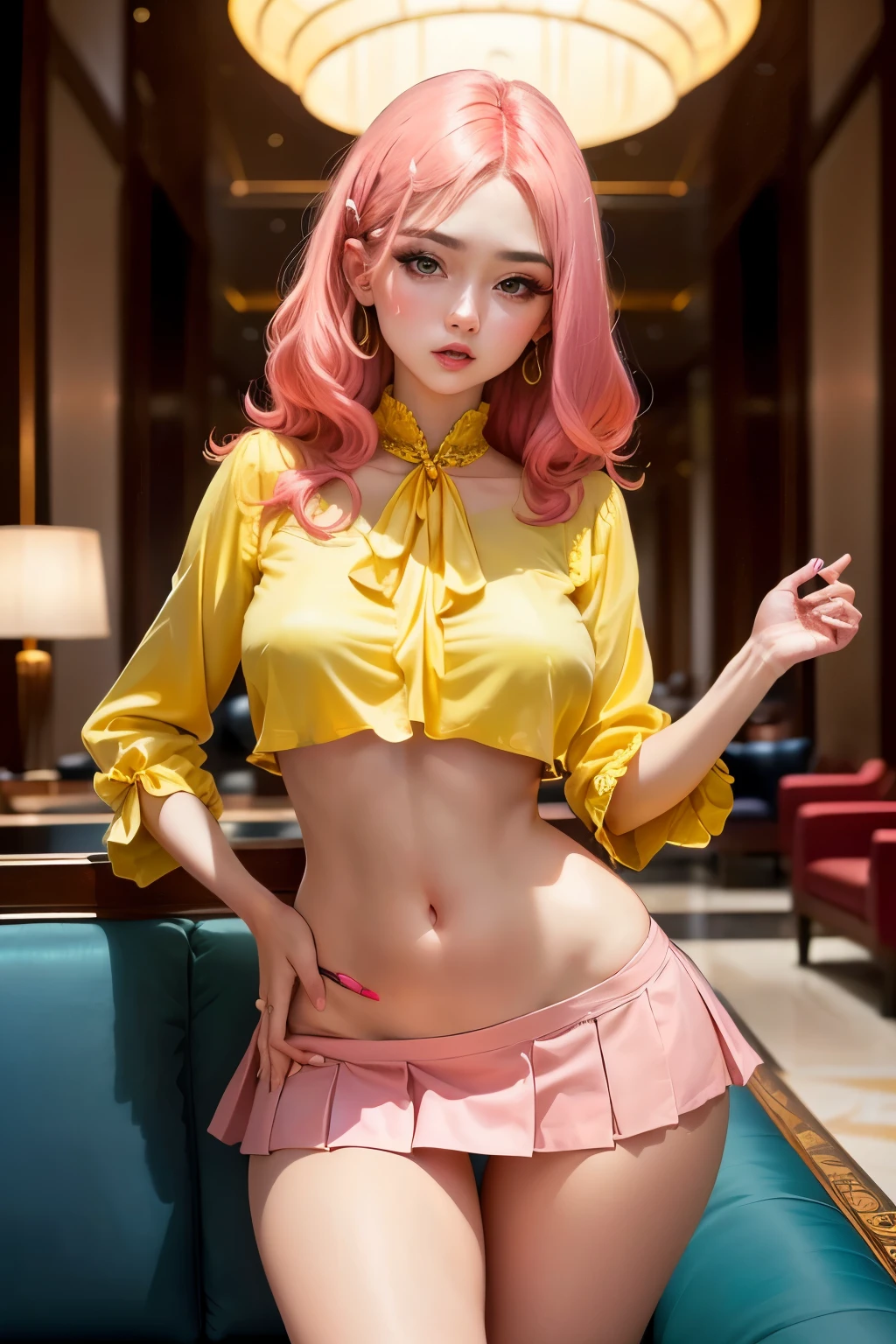 masterpiece, top quality, (Very detailed photo, 8K wallpaper), detailed information, 1 woman、(Charming and flawless beauty), 40 years、((heavy makeup)), (surprised face)、(Light yellow silk blouse)、(Red micro miniskirt:1.3)、Show Panty, (lush), (hips hips hips hips: 1.12)、(Transparent pink hair in the middle:1.1)、look at the viewer, (Background with：Large luxury sofa in the lobby of a luxury resort hotel)、(Blurred crowd々:1.2)