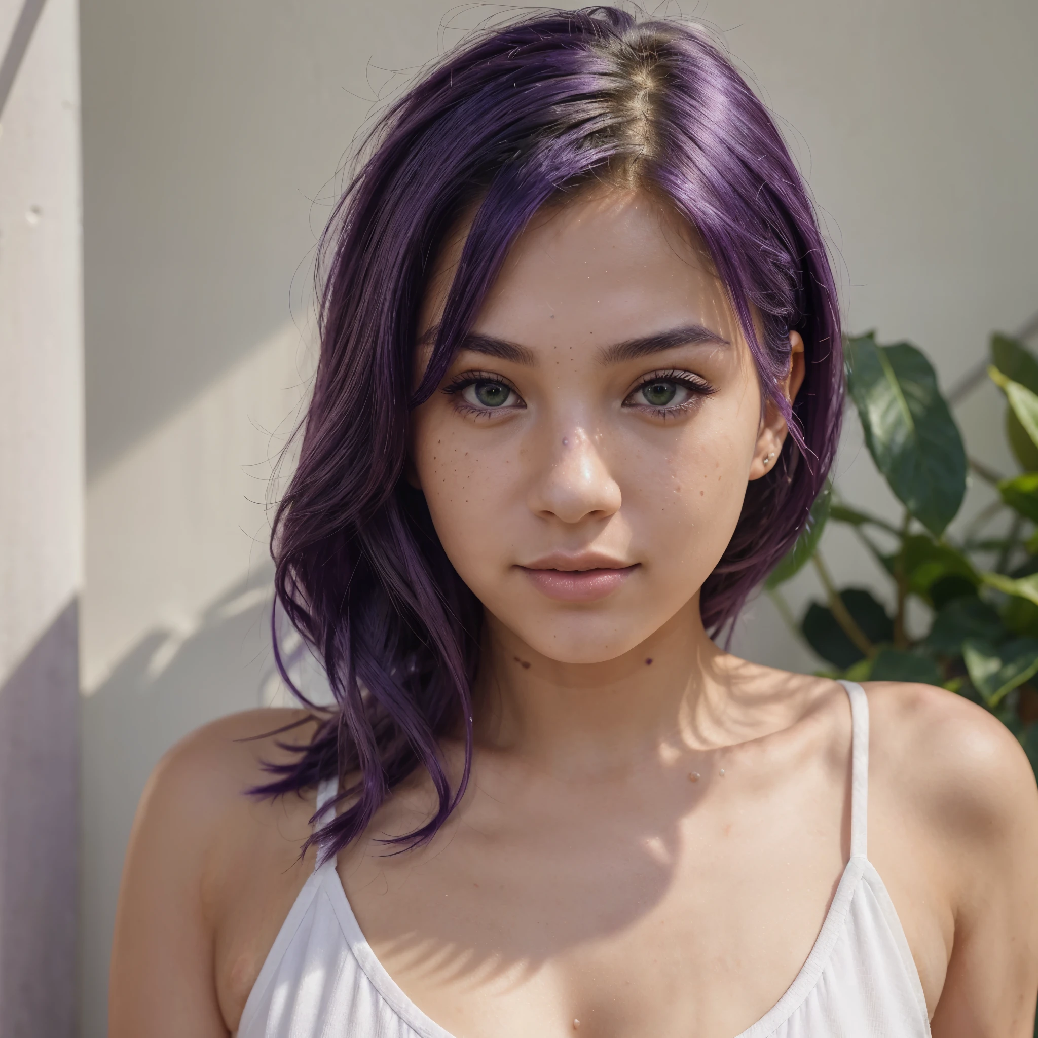 realistic portrait of a cute beautiful 20-year-old girl with purple hair, Asian, Influencer, light freckles, green eyes, Instagram