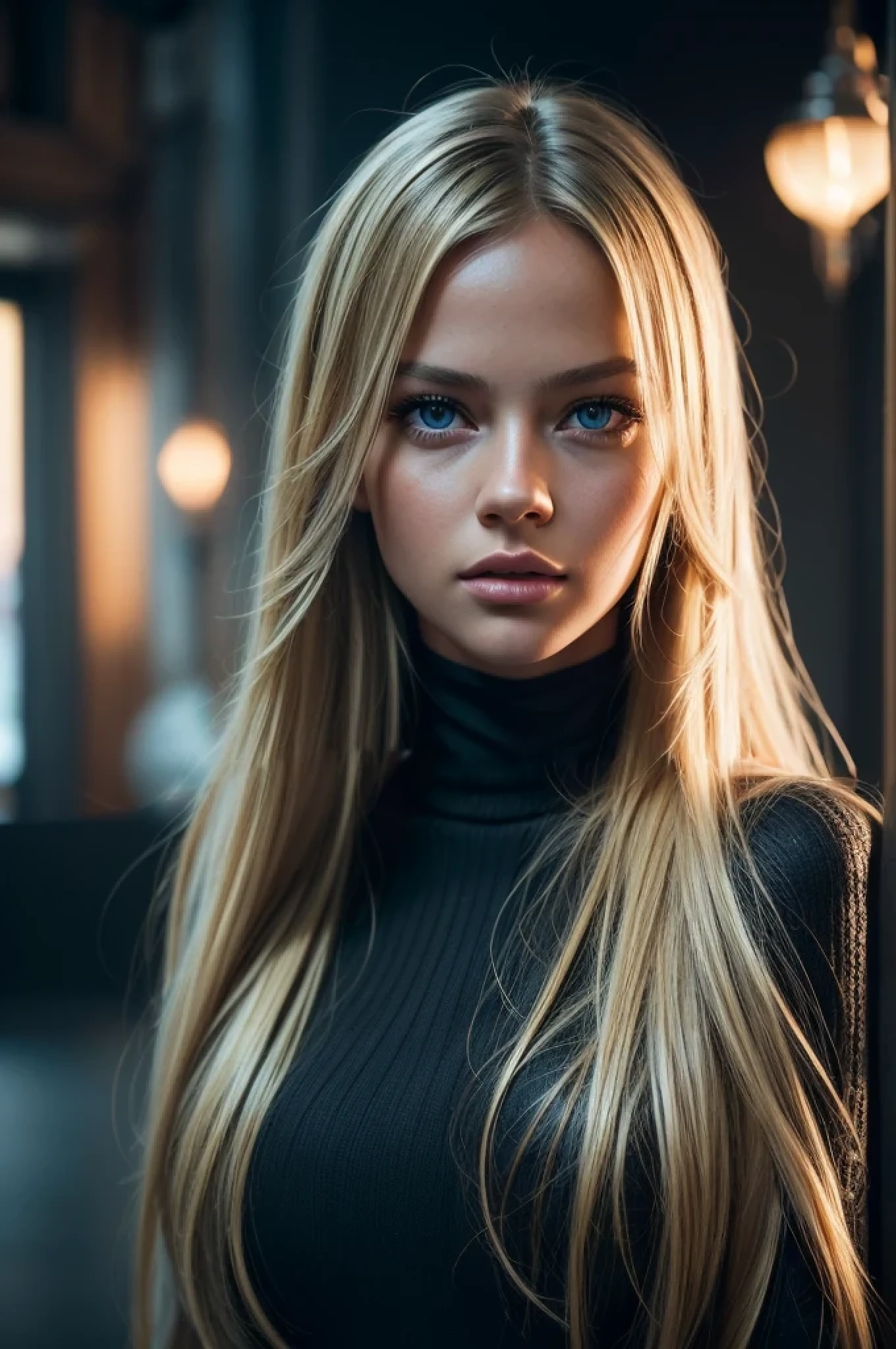 Kristina Pimenova, long blonde hair, black knit sweater, detailed light blue eyes, (((masterpiece))), photorealism, high contrast, photorealistic, photo, masterpiece, realistic, realism, photorealism, high contrast, photorealistic digital art trend on Artstation 8k HD high definition detailed realistic, detailed, skin texture, hyperdetailed, realistic skin texture, best quality, ultra high resolution, (photorealistic: 1.4), high resolution, detailed, raw photo, sharp re, camera kodak portra 400 lens f1.6 rich colors hyper realistic texture dramatic lighting irrealengine trend in artstation cinestill 800.