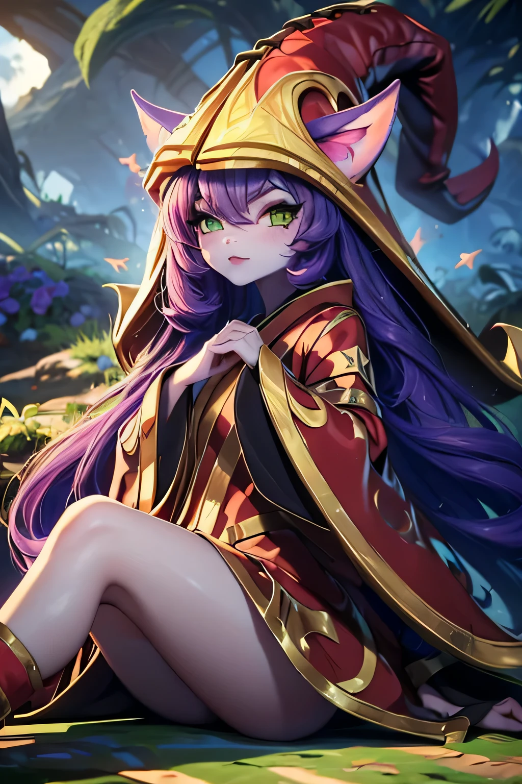 ((masterpiece)), melhor qualidade, Ultra high resolution, (fotorrealista: 1.4), (obra-prima, melhor qualidade,(1 menina), ((Lulu)) \(League of Legends\) kimono vermelho com detalhes douradis, joias, illustration, gargantilha, estrela \(simbol\), uma borboleta roxa, olhos verdes, olhos brilhantes, cabelo roxo, cabelo roxo, cabelos longos, brincos, kimono vermelho, vestido vermelho e dourado, joias de outo, Red and gold witch hat, paisagem, noite, magia, elegante, gueixa, olhar gentil, templo, floresta, ahegao, feets, pele lilas, olhos verdes, olhos detalhados, outono, folhas de outono, ((borboleta roxa))