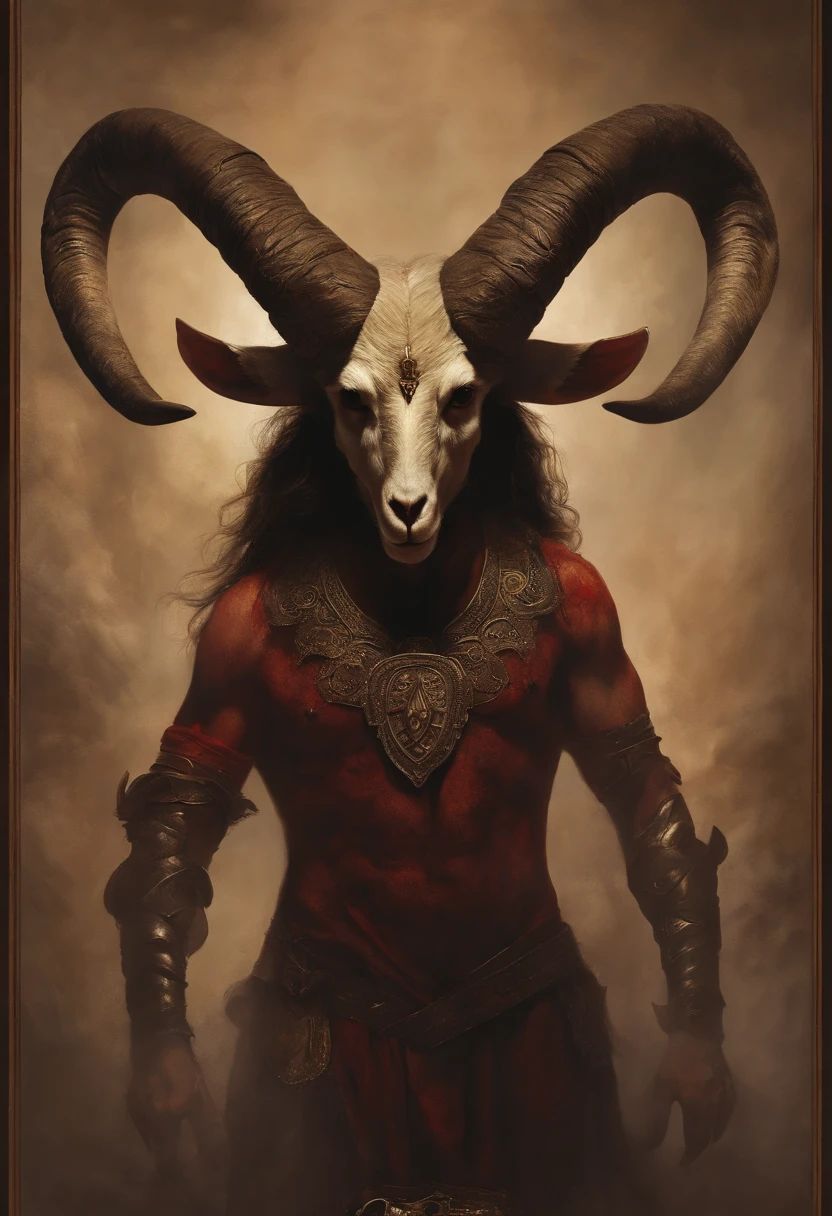 a goat-headed demon with large horns, parte superior do corpo forte e forte, demon peles, peles, ((garras, asas)), demonic armor, respingos de sangue, skulls on the floor, standing in a blood ritual, medieval, Sala escura, luz difusa, obra de arte, realista, HD oil painting