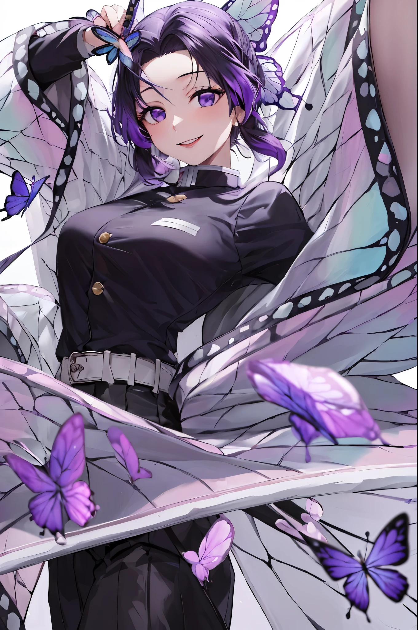 Loli，Dark purple short hair tied with a small braid，s eyes，Black conservative clothing and headwear，White butterflies around,There are black wings on the back