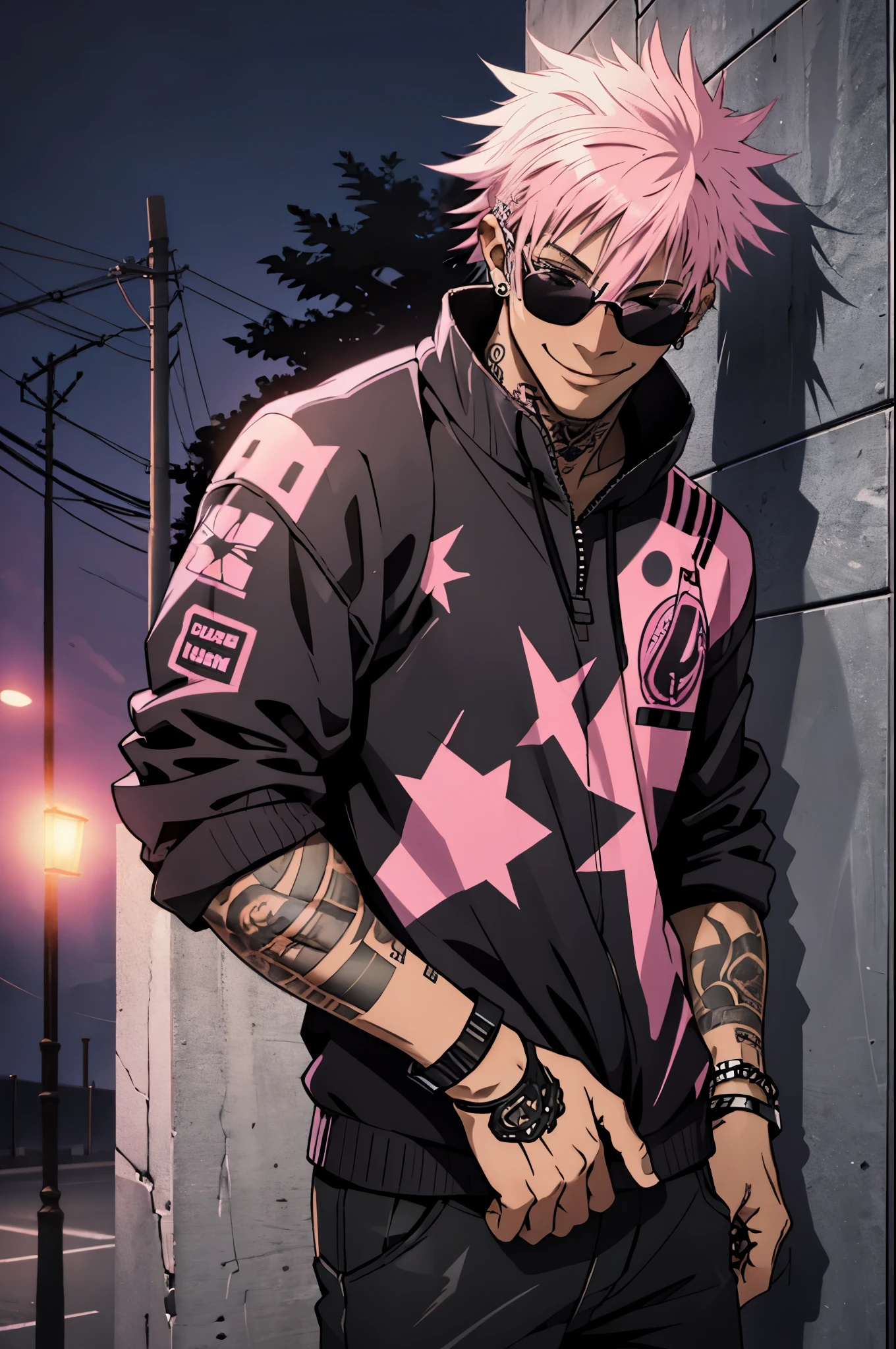 Black young man, punk clothes, cool sun glasses, punk hair, black hair, pink hair, piercings, tattoo, smile, Night, dark place, black man