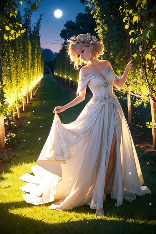 Under the soft glow of the moonlight, a slender figure stands out against the serene backdrop of a vine plantation. A blonde person, of stunning beauty, with a face that seems sculpted by nature itself, stands out in the middle of the field, at the height of perfection. Her body, sculpted like a work of art, harmonizes with the rustic landscape of the farm, the moonlight, yellowish and sparkling, delicately caresses every feature of her perfect skin, casting soft shadows that highlight her graceful silhouette. The vineyard plantation serves as an enchanting backdrop, with bunches of grapes hanging from their clusters, framing the scene in a unique way, the photography style, as if straight out of a dream, captures the perfection of the moment. The colors are intense, saturated, highlighting every detail of the blonde person who looks like a muse of nature. A sensuality shines through the natural pose, in perfect harmony with the bucolic environment that surrounds her, thus, in the silence of the night, the blonde figure becomes a magical element in the rural landscape, a fusion of human beauty and nature that, captured by the lens , immortalizes this moment of enchantment under the radiant moonlight.