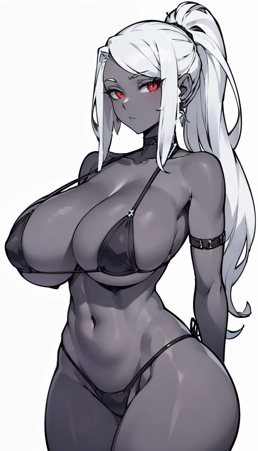 SFW, ((black grey skin Drow)) (micro bikini), (gigantic breasts, huge breasts, Big breast), firm breasts , tall girl, slim waist, curvy figure, arms behind back, (white_hair, red_eyes), long ponytail