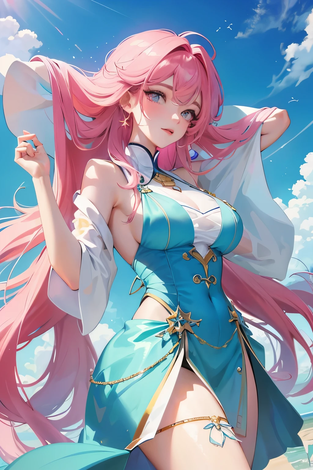 In this official art masterpiece, the focus is sharp and the details are incredibly realistic. It showcases a gorgeous and cute Korean woman with delicate and beautiful hair, eyes, and face. The vibrant blue sky serves as the backdrop, adorned with glowing white particles and soft sunlight. Fluffy white clouds add depth to the scene, enhancing the overall aesthetic. The woman's slender figure is accentuated by her lovely very large breasts and very large hips, which are playfully revealed by a pink slip and complemented by her delightful pink lips. Her shy and aroused expression is captured perfectly, with adorable star-shaped pupils and mesmerizing cerise eyes that radiate cuteness. The scenery surrounding her consists of long straight hair cascading down her back and a dynamic streets