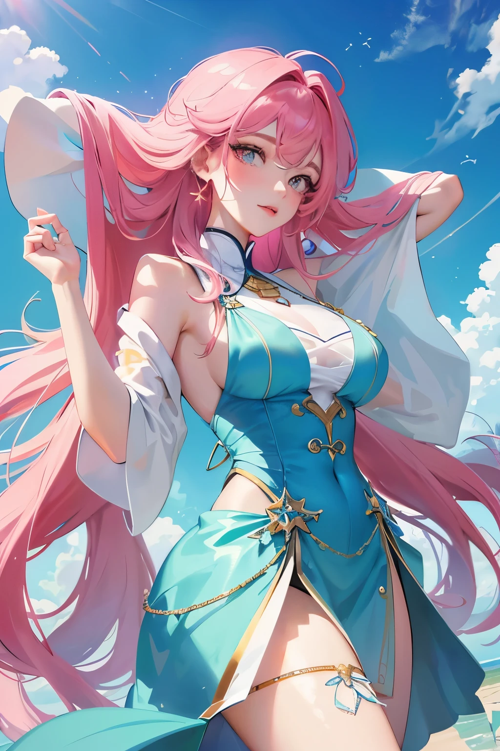 In this official art masterpiece, the focus is sharp and the details are incredibly realistic. It showcases a gorgeous and cute Korean woman with delicate and beautiful hair, eyes, and face. The vibrant blue sky serves as the backdrop, adorned with glowing white particles and soft sunlight. Fluffy white clouds add depth to the scene, enhancing the overall aesthetic. The woman's slender figure is accentuated by her lovely very large breasts and very large hips, which are playfully revealed by a pink slip and complemented by her delightful pink lips. Her shy and aroused expression is captured perfectly, with adorable star-shaped pupils and mesmerizing cerise eyes that radiate cuteness. The scenery surrounding her consists of long straight hair cascading down her back and a dynamic streets