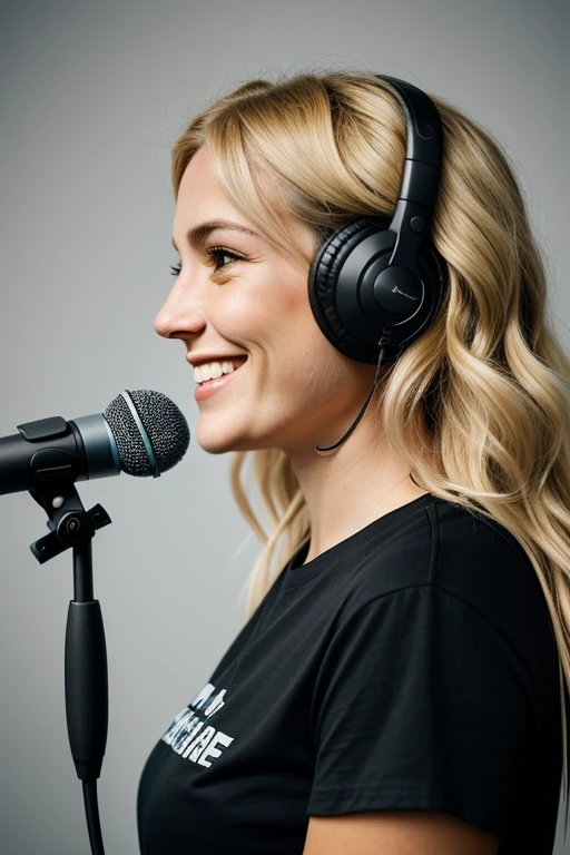 Podcast artist, with a smile on her face, podcaster, ultra-realistic beautiful lady with blonde wavy hair, speaking into microphone, wearing a black T-shirt with thin straps, right profile