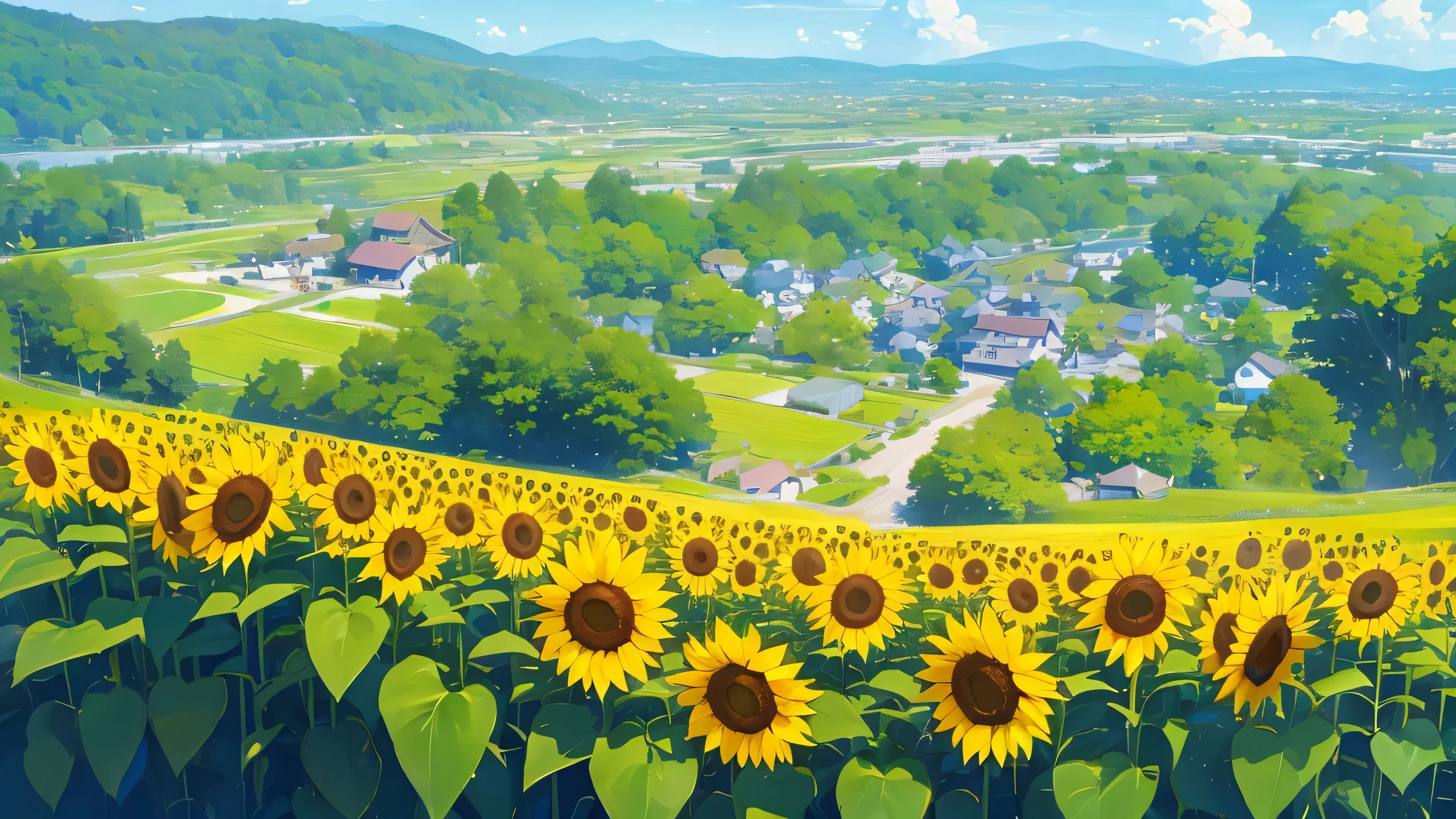 valley ghibli beautiful background flowers and plants, a lake with sunflowers small city and sea with clouds