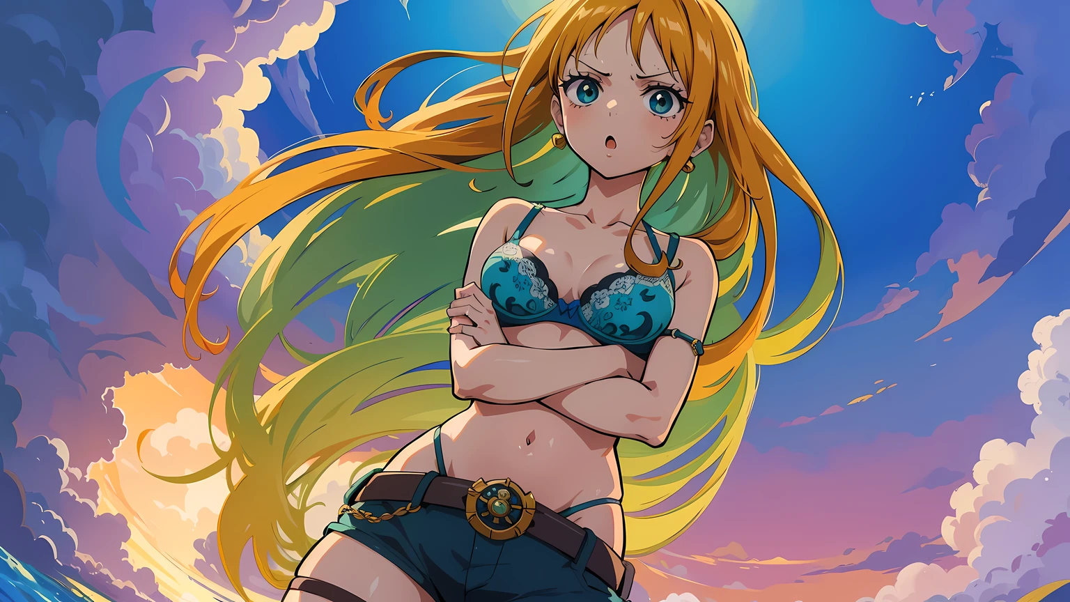 obra de arte, nami one piece, melhor qualidade, ultra-detalhado, epic lighting, film composition, anime coloring, 2D, anime, 1 garota, Sozinho, seios grandes, cabelo laranja, hair rings, wearing a bra, arco verde, Ombros nus, saia azul, olhando para o espectador, :o, corar, crossed arms, de baixo, Taberna (8k:1.1),NSFW, mostrando mama, olhos castanhos