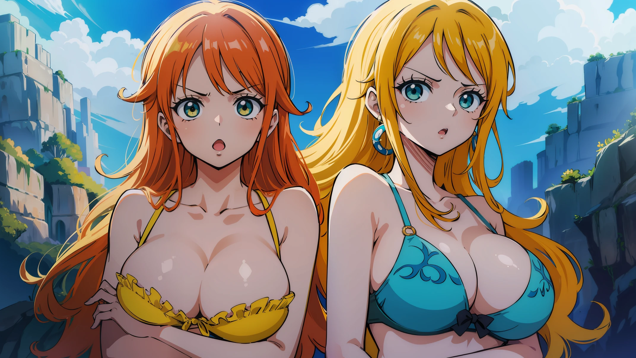 obra de arte, nami one piece, melhor qualidade, ultra-detalhado, epic lighting, film composition, anime coloring, 2D, anime, 1 garota, Sozinho, seios grandes, cabelo laranja, hair rings, wearing a bra, arco verde, Ombros nus, saia azul, olhando para o espectador, :o, corar, crossed arms, de baixo, Taberna (8k:1.1),NSFW, mostrando mama, olhos castanhos