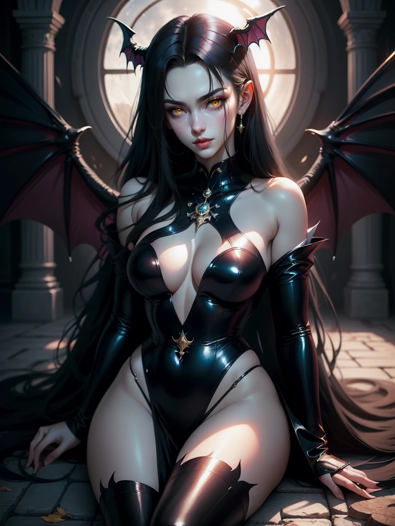(masterpiece, top quality, best quality, official art, beautiful and aesthetic: 1.2), (1 woman: 1.3) Succubus girl, long black hair, yellow eyes, succubus wing, attractive, sitting on the ground, moonlight