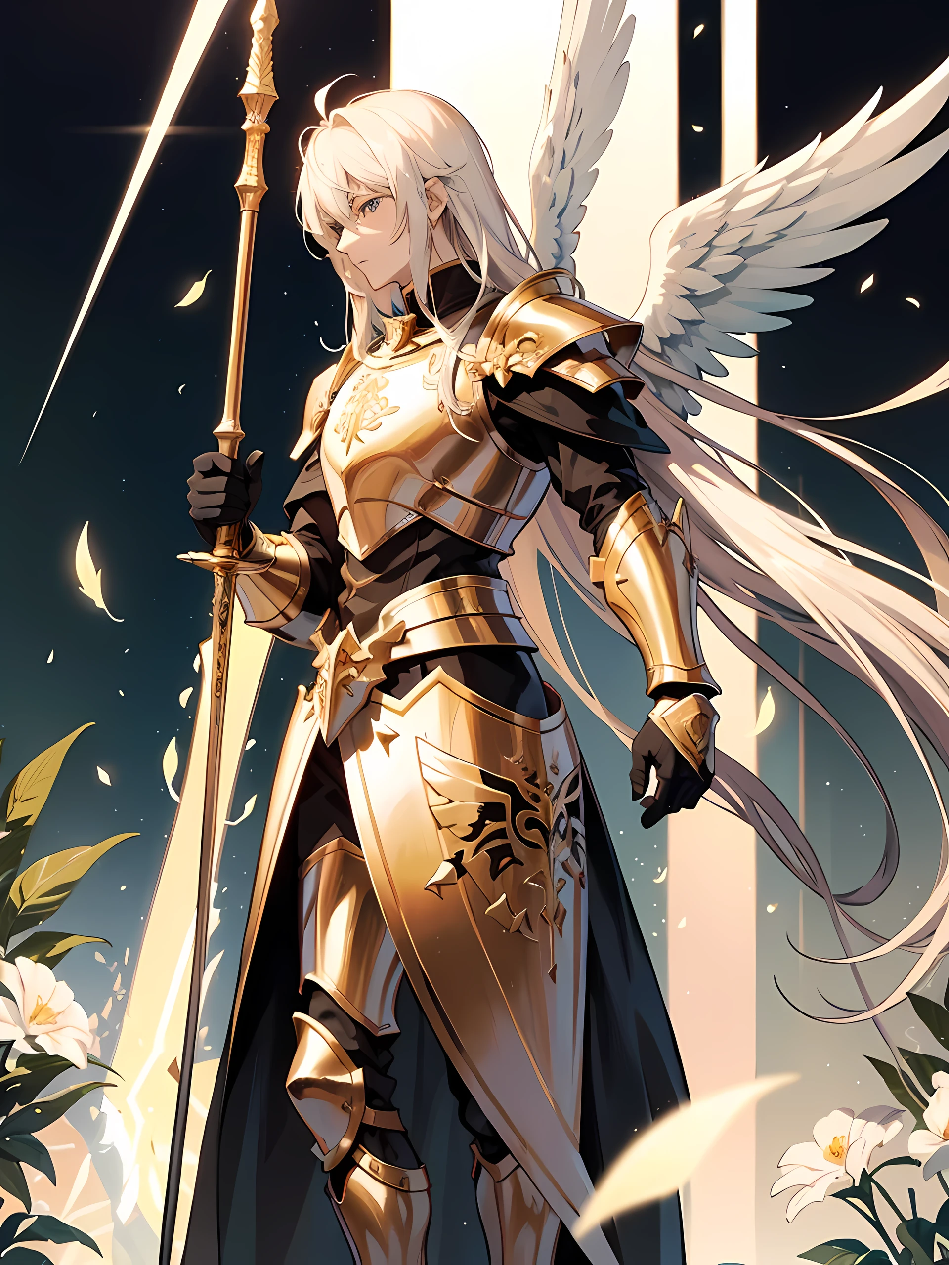 Knight, humanoid angel, wings, spear in his right hand, shield on his left arm, male, guy, long hair, armour, strong, white armour, golden armour, flowers, beauty, masculine, male anime character, blonde hair, anime, ccurate, luxurious armour, spear is touching the ground, spear is long, sky in background