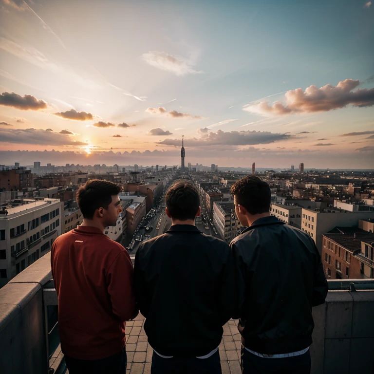 4 poeple, 4 man facing away from the camera, middle of city, beautiful view of city,  lomo, photographer style, photography, photogenic, 4k, perfect blurry background, sunset