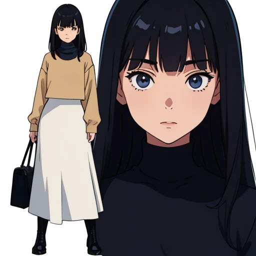 woman、full body shot、blank background、long skirt、Navy turtleneck sweater、looking here、black hair、have bangs、black boots、Added a close-up illustration of the face to the side