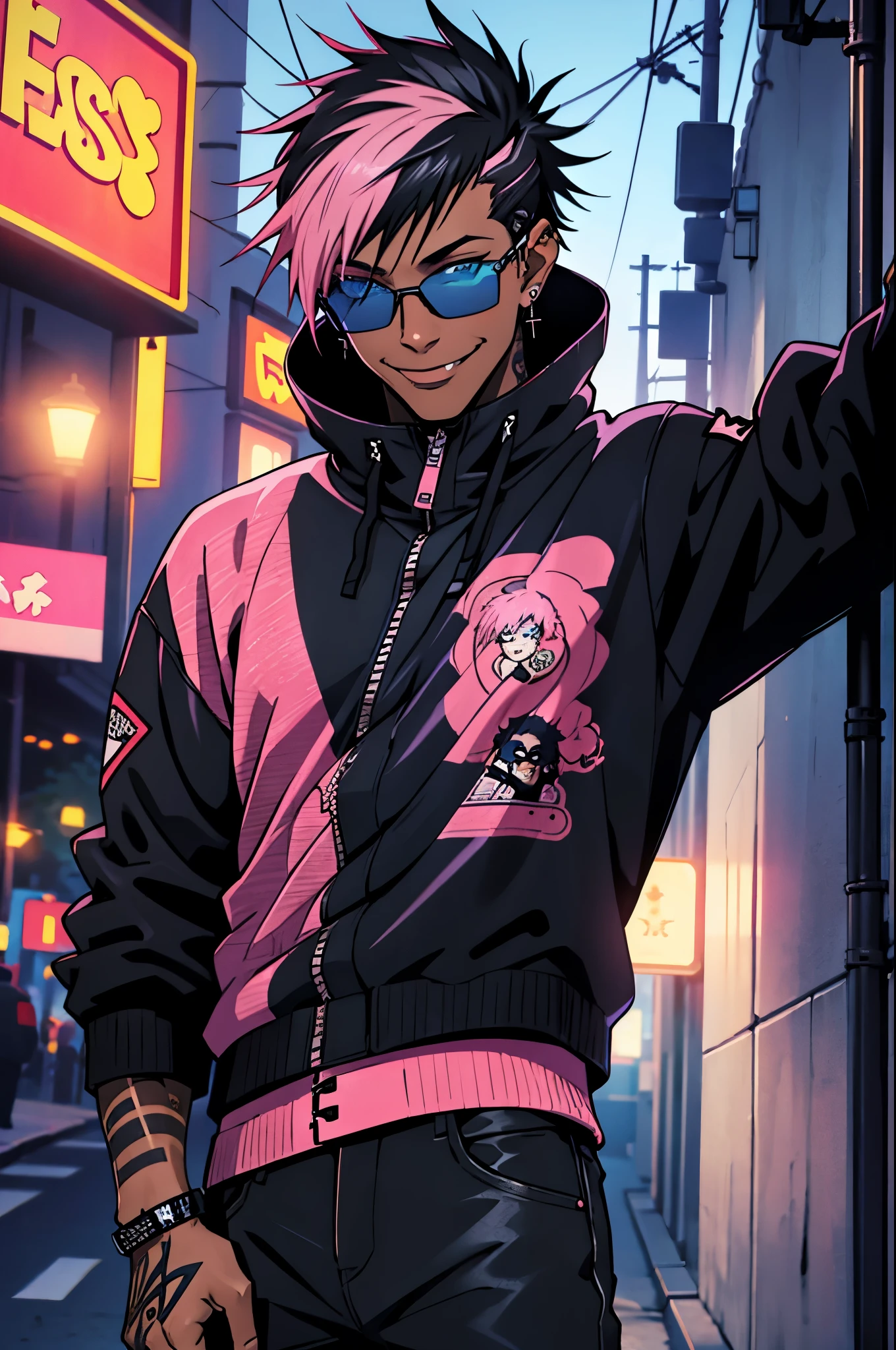 Black young man, punk clothes, cool sun glasses, punk hair, black hair, pink hair, piercings, tattoo, smile, Night, dark place, black man, dark blue eyes