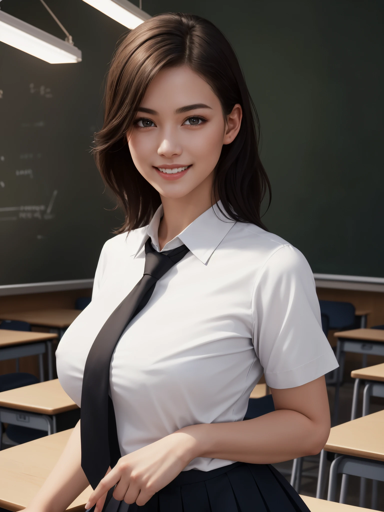 1girl, very tight see-through white shirt, short sleeves, pleated skirt, tie, classroom, full breasts, masterpiece, best quality, (realistic:1.37), (looking at viewer:1.4), morning, dynamic lighting, detailed face, (realistic skin), UHD, smile, 