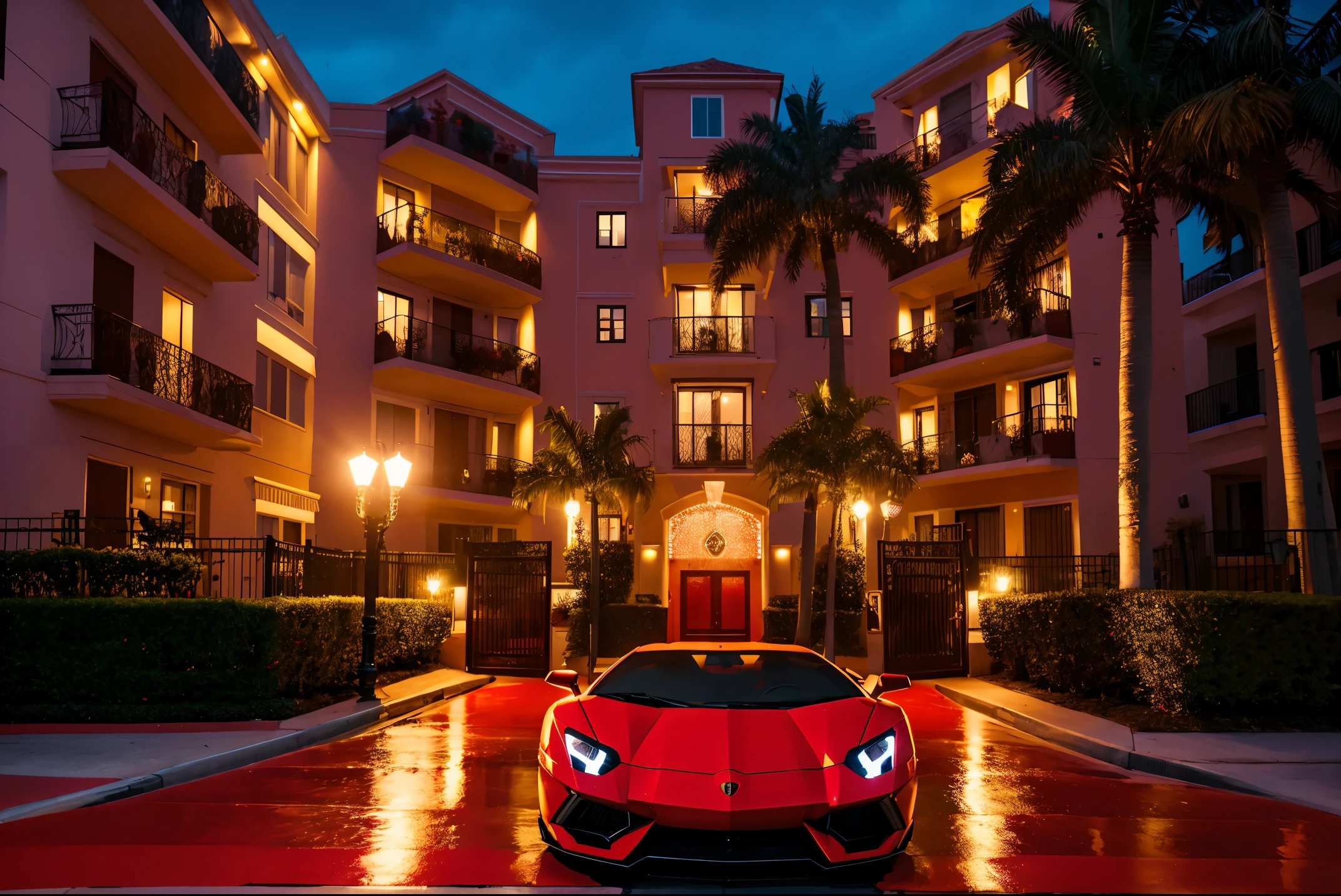 Photo of a bright red Lamborghini Aventador detailed description realistic and three-dimensional super high quality ultra high resolution Street parking in front of the entrance of a super luxury condominium. very stylish lighting Stylish street tree harbor exterior wall beautiful sunset (shot from the side) From dusk to night after the rain Wet ground