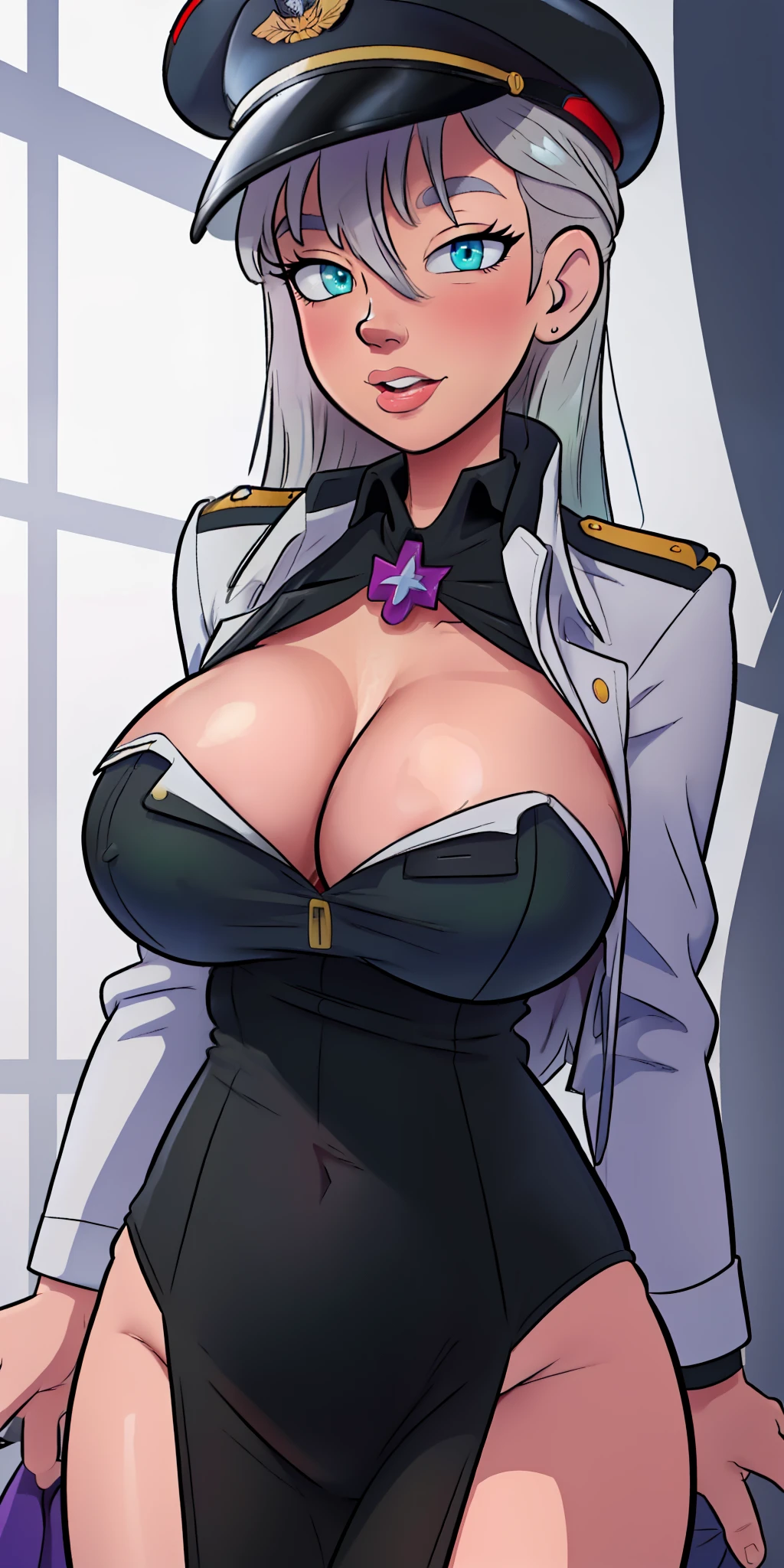 Bismarck from azur lane, elegant,  woman, white purple green hair, blue eyes, big breast, cleavage, black military uniform, military hat, extremely detail 8k cg, high resolution, shine.