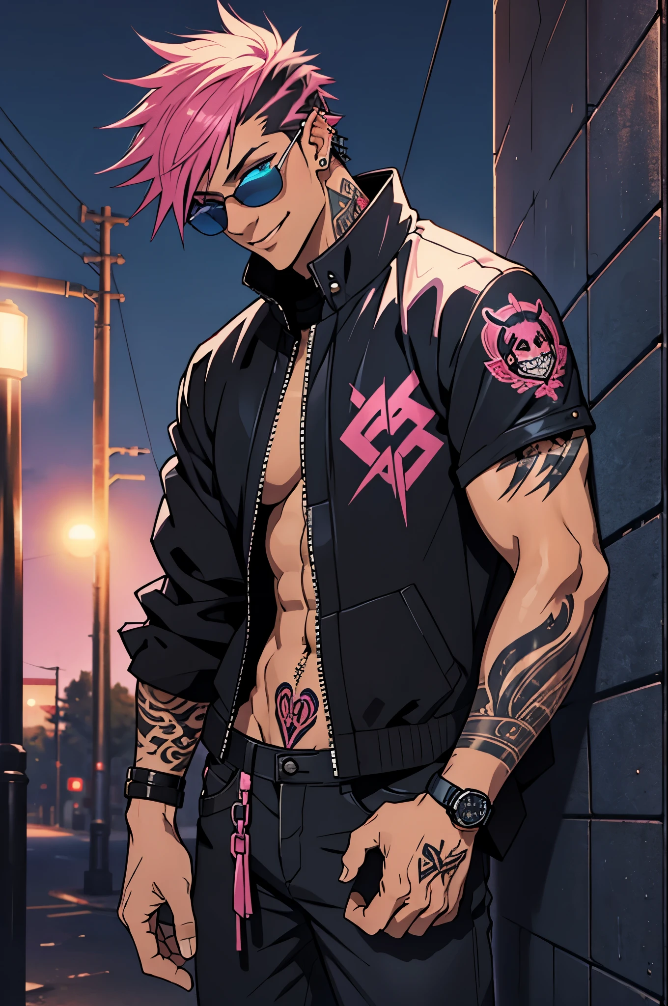 Black young man, punk clothes, cool sun glasses, punk hair, black hair, pink hair, piercings, tattoo, smile, Night, dark place, black man, dark blue eyes