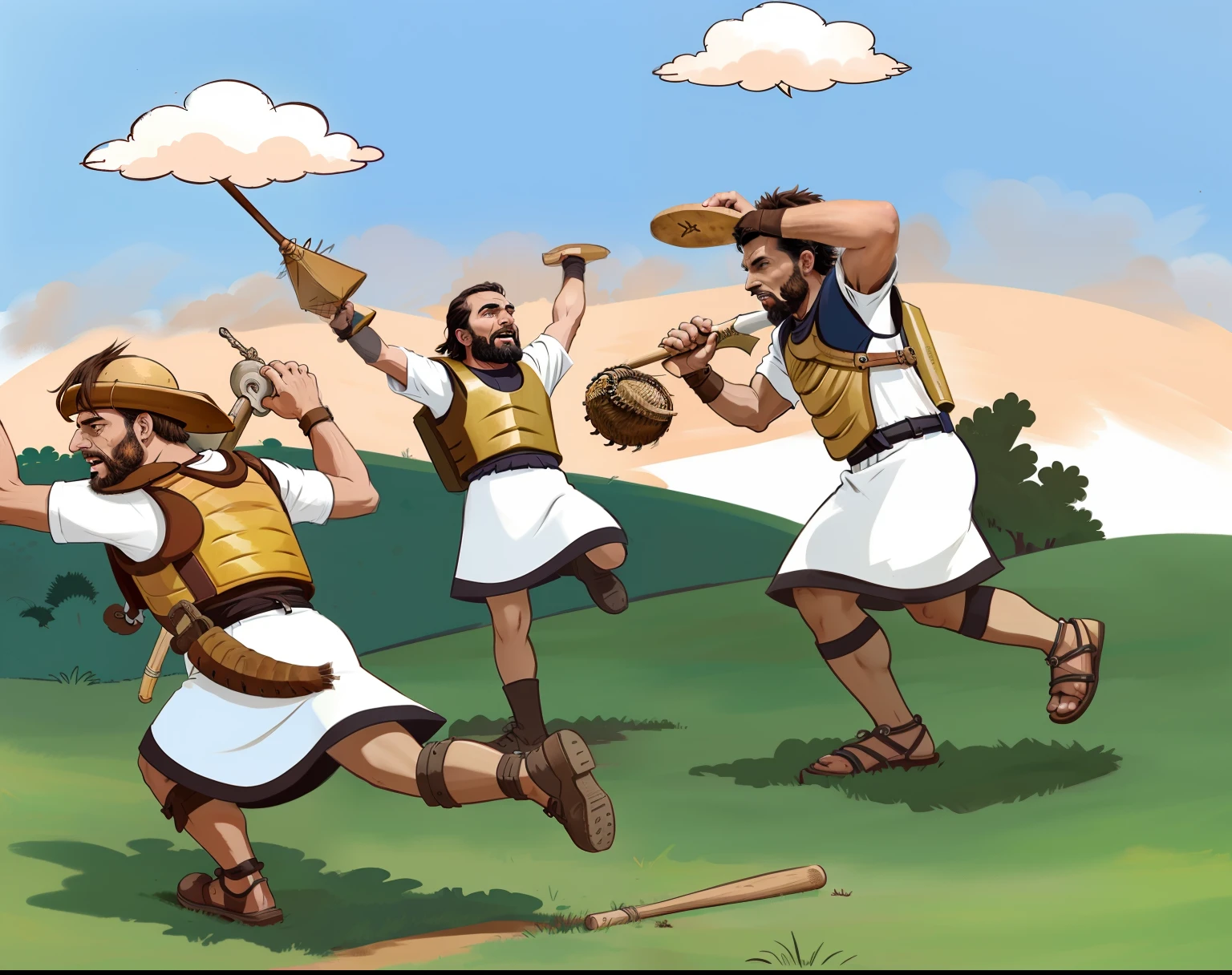 desenho animado de um grupo de homens com roupas romanas jogando uma partida de beisebol, biblical art style, bible illustration, por Israel Tsvaygenbaum, por David Burton-Richardson, Direction: Robert Freebairn, Chris Achilleos, epic biblical representation, bloqueando o sol, Direction: Saul Yaffie, biblical art, pintura de golias, Direction: Karl Jauslin, Davi e Golias