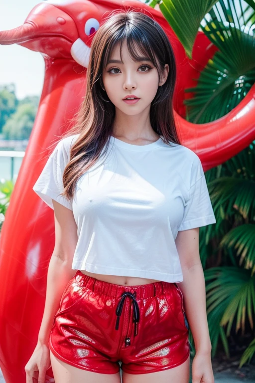 Sweet expression, (8k, RAW photo, photorealistic:1.25) , (hairy pubic hair, lip gloss, eyelashes, glossy face, shiny skin, best quality, super high resolution , depth of field, chromatic aberration, caustics, wide light, natural shadows, Kpop idol) looking at viewer with serenity and goddess-like bliss, full body, big breasts, (((wearing red dolphin shorts, wearing white t-shirt))),