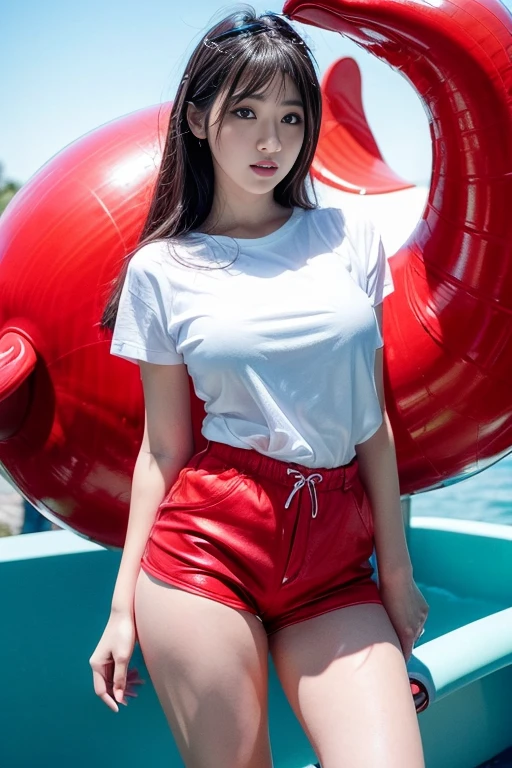 Sweet expression, (8k, RAW photo, photorealistic:1.25) , (hairy pubic hair, lip gloss, eyelashes, glossy face, shiny skin, best quality, super high resolution , depth of field, chromatic aberration, caustics, wide light, natural shadows, Kpop idol) looking at viewer with serenity and goddess-like bliss, full body, big breasts, (((wearing red dolphin shorts, wearing white t-shirt))),