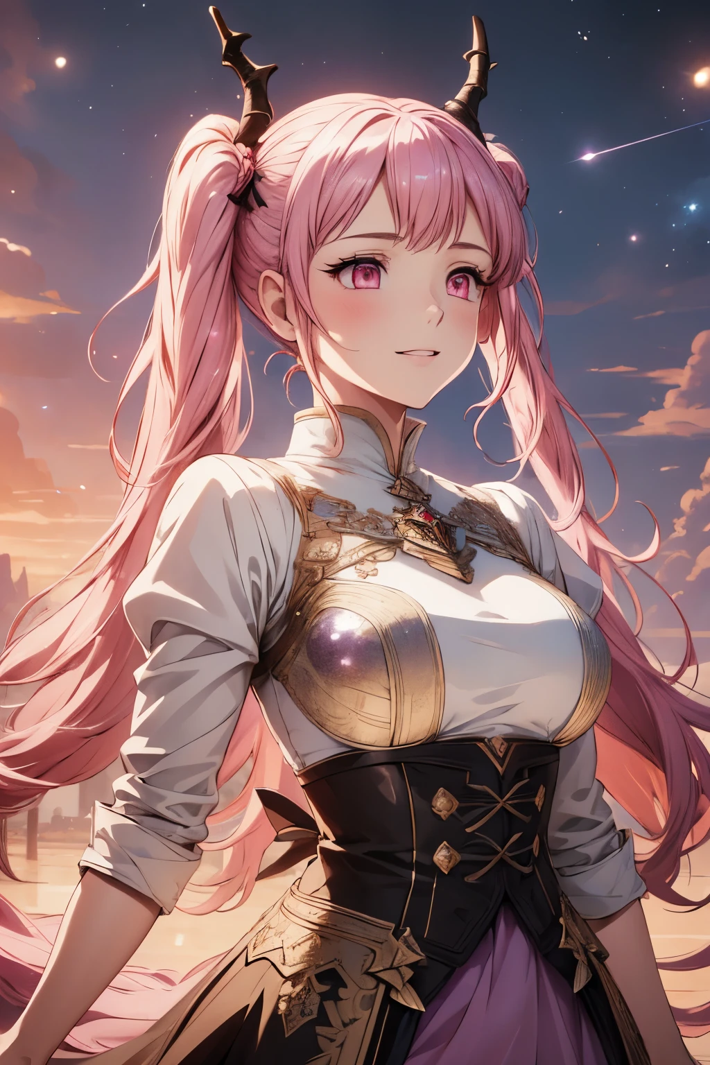 (masterpiece),(intricate details), 1girl, hilda from fire emblem, hilda, pigtails, pink hair, pink eyes, dragon horns, [[horns]], horned, big horns, arknight style, arknights character, art, 4k art, artstation, hd art, hd, ethereal background with starmaps, smiling, looking to the horizon, fully covered, highly detailed, extremely detailed art, extremely detailed face, extremely detailed eyes, dynamic pose, dynamic background, (ultra detailed eyes:0.7, beautiful and detailed face, detailed eyes:0.9), crystalline dress, [[princess dress]]