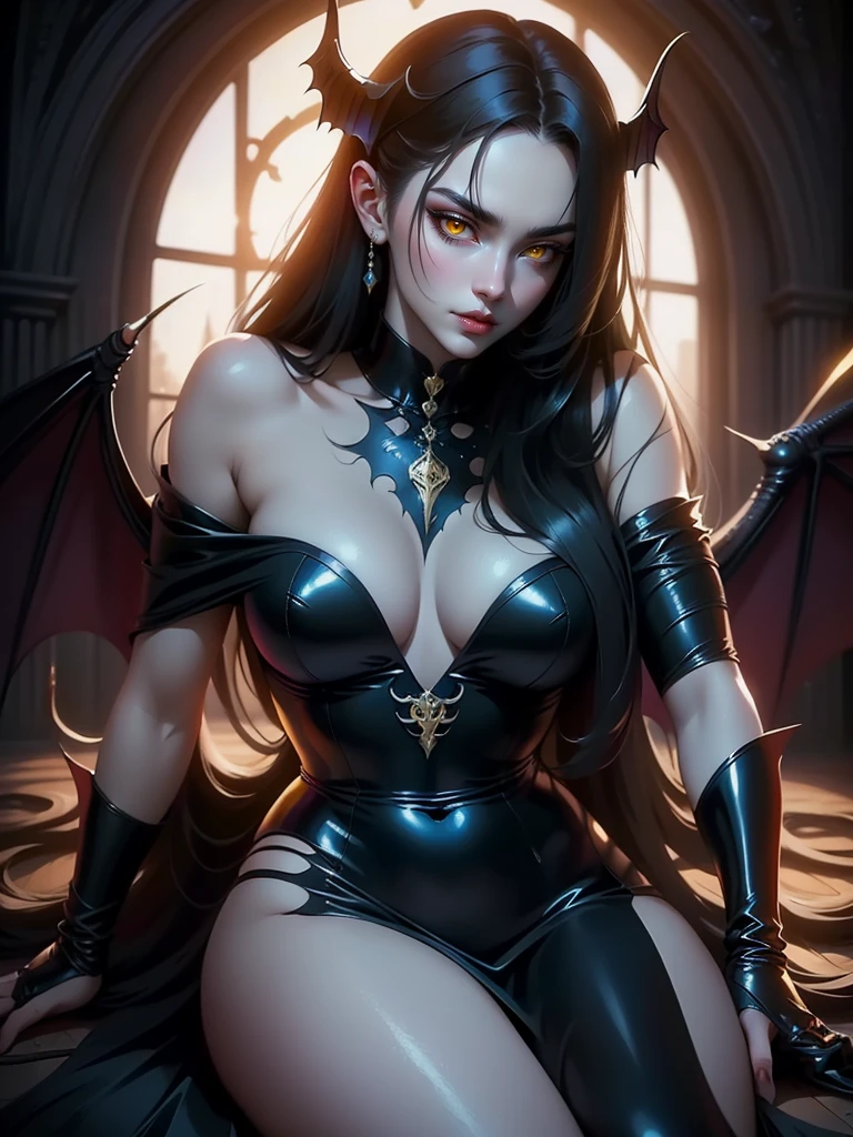 (masterpiece, top quality, best quality, official art, beautiful and aesthetic: 1.2), (1 woman: 1.3) Succubus girl, long black hair, yellow eyes, succubus wing, attractive, sitting on the ground, backwadrs, Looking back. Very sexy, with chin resting on shoulder, moonlight