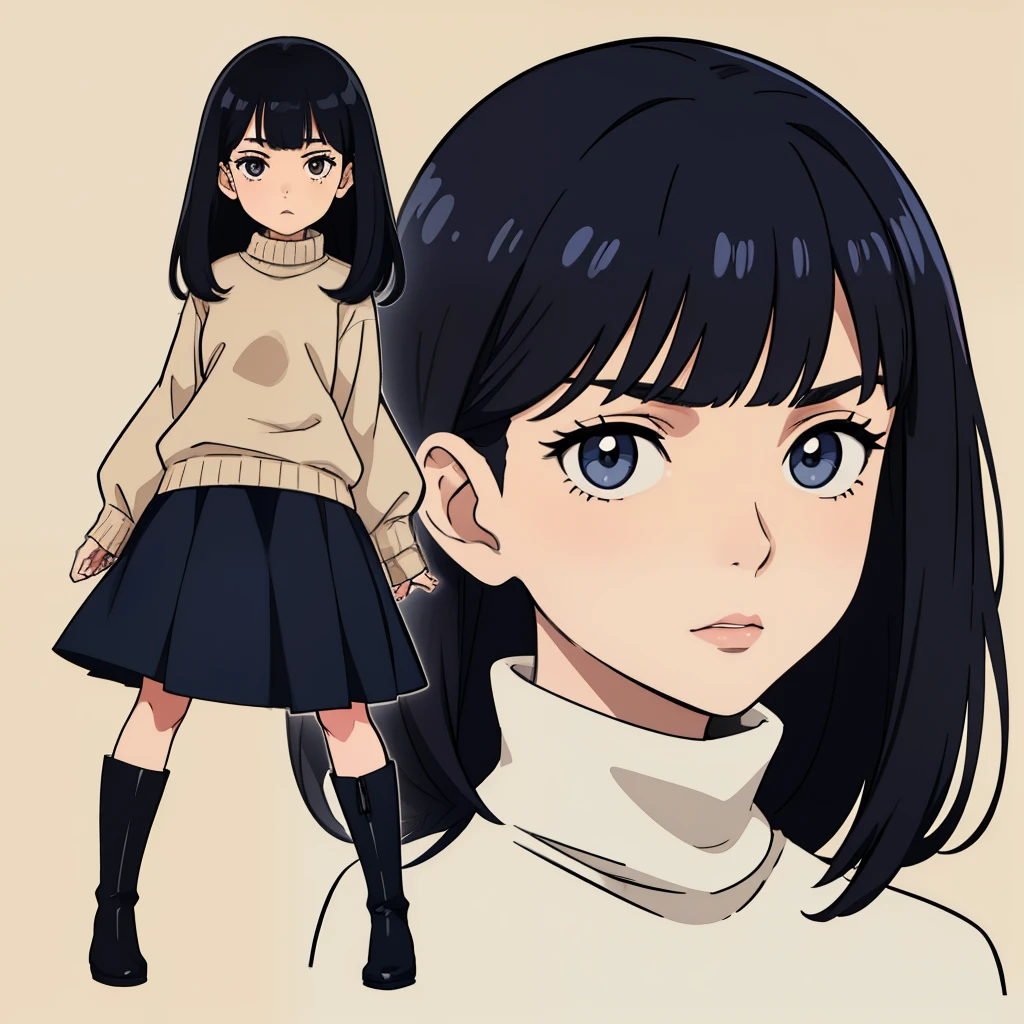 full body shot of a woman、blank background、Long skirt in beige color、navy turtleneck sweater、looking here、black hair、have bangs、black boots、Added a close-up illustration of the face to the side