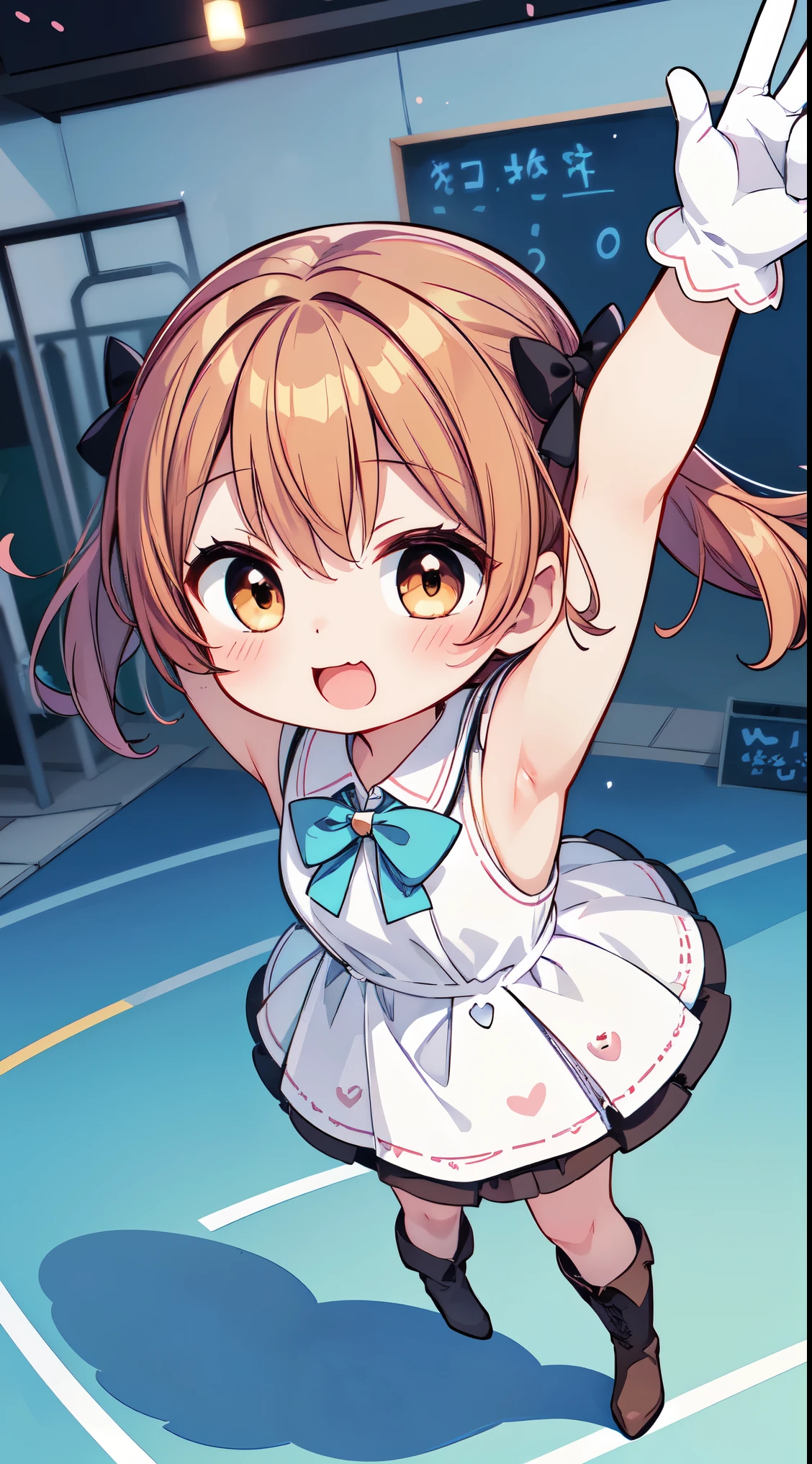(masterpiece, top quality, best quality, official art, beautiful and aesthetic:1.2),ultra-detailed,intricate details,amazing illustration,award-winning art,atmospheric,
(Cute:1.5),(Chibi:0.5),(kawaii:2.0),(Lori:2.0),(7 year old girl),(Solo:1.65),BREAK, (flat chest:1.2,), Clear skin, Beautiful skin, Shy, One beautiful little girl,Colossal tits(Hair Bow, reddish brown hair, Twin-tailed:1.2), (Brown eyes, long eyelashes, Double eyelids: 1.4), Shiny skin, BREAK, Star \(symbol\, (gloves, White Gloves:1.3), (bug, Dress,polka dot:1.3) , Looking at Viewer,(long boots:1.2),BREAK,from the front side, dynamic angle,plein air,(Happy,:D,Standing,Making a fireball with her right hand:1.3),BREAK,(Outdoors, playground, School Grounds, school ground:1.2),(Physical Education:1.3),(Per class:1.3),field day,
BREAK,wakame,wakame,wakame,(dynamic angle:1.4), (Bending forward, arms up:1.25),from below,
BREAK,(Blurry background:1.3),(absurderes, hight resolution, Super Detail Art),cel shading,Clear Color, Lonely optical effect, Beautiful pictures, Bright glow, mystic atmosphere,(Close-up of girl:0.3), Mystical light particle effect,manga influence, clean line drawings,
BREAK,