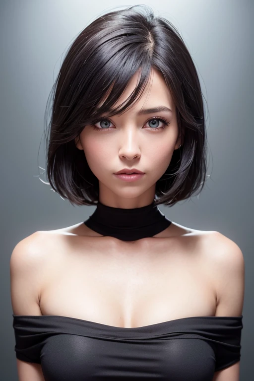 Skin Tight Black Top:1.2, looking at the viewer, cinematic lighting, perfection, soft light, high resolution skins:1.2, realistic skin texture, 30 years old mature woman、small face、No makeup、, off shoulder,Bust B Cup、Small valley, blue eyes, short hair, dark brown hair、full nude、gray background、