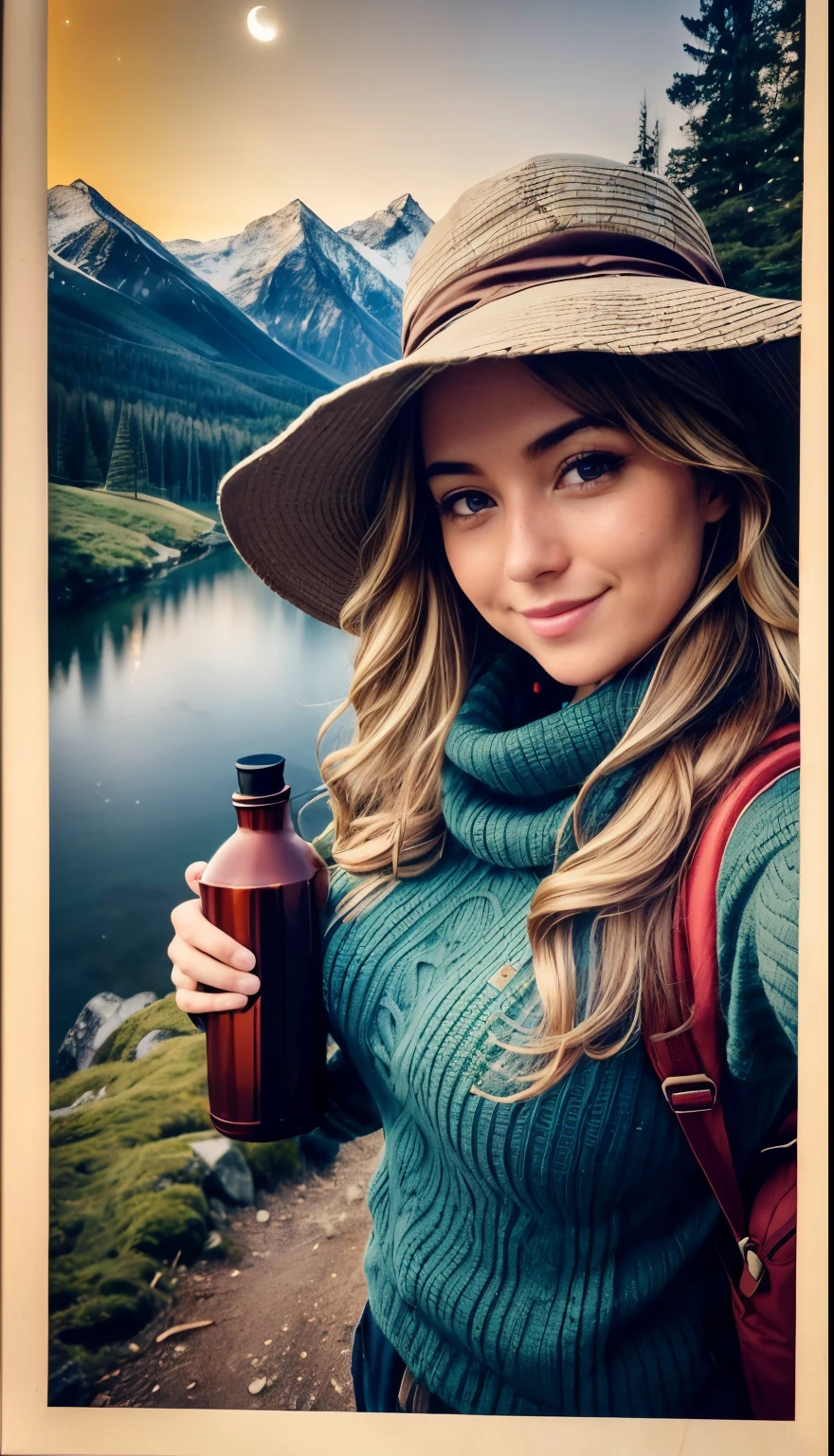 1girl in, age25, Solo, Long wavy hair, Colossal tits 30G, long messy windy blonde hair((upper body selfie, happy)), masterpiece, best quality, ultra-detailed, solo, outdoor, (night), mountains, nature, (stars, moon) cheerful, happy, backpack, sleeping bag, camping stove, bottle water, mountain boots, gloves, sweater, hat, lantern, forest, rocks, river, wood, smoke, shadows, contrast, clear sky, style (warm hue, warm tone): 1.2), close-up, cinematic light,  side lighting, ultra high resolution, best shadow, RAW, upper body, wearing pullover kodak vision 3,