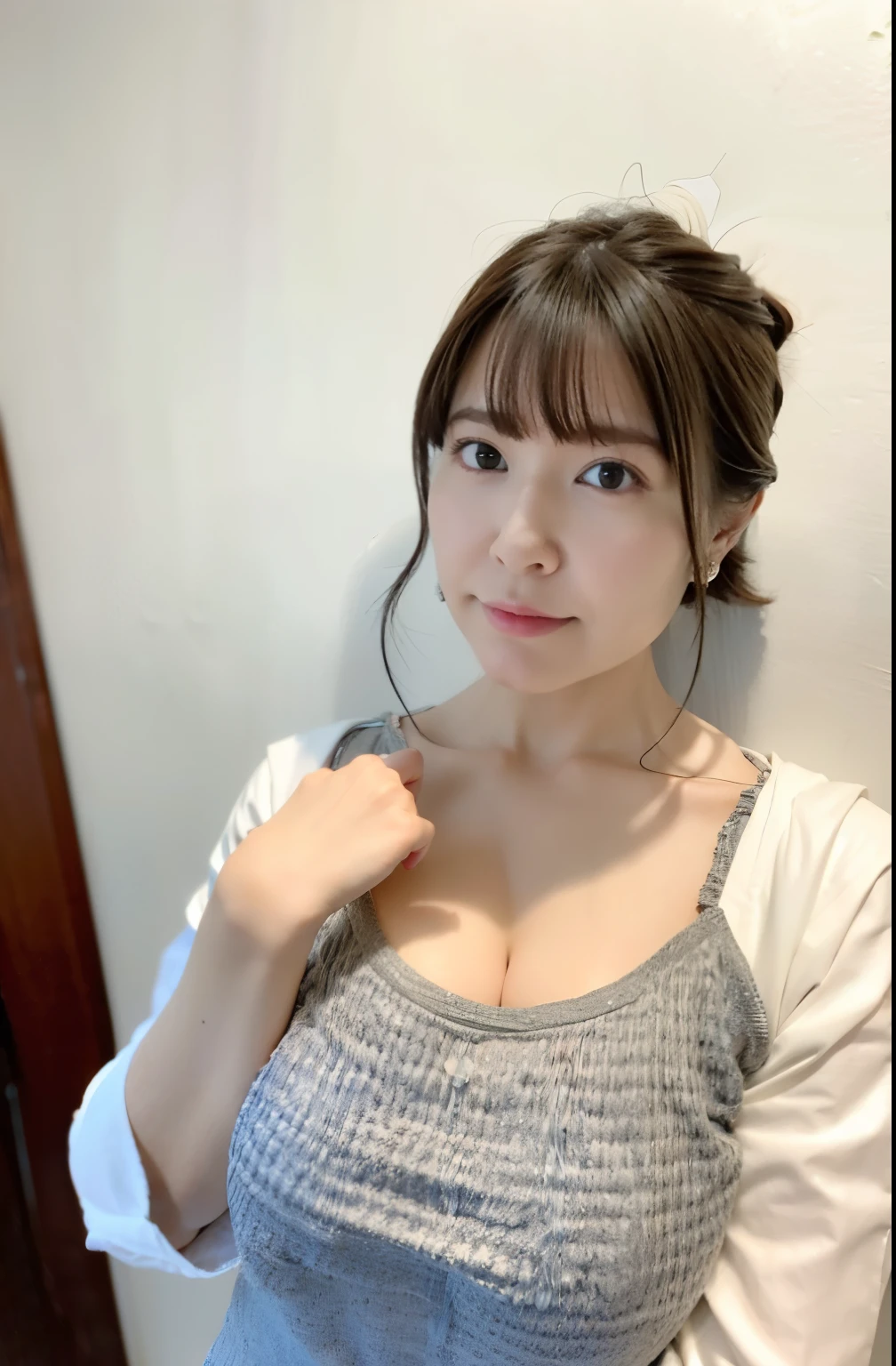 top-quality、超A high resolution、(Photorealsitic:1.4)、女の子1人、pregnant, 40 weeks, ((big belly)), (faded ash gray hair:1)、(huge-breasted:1.4)、a closeup、grey camisole, nsfw, small body,