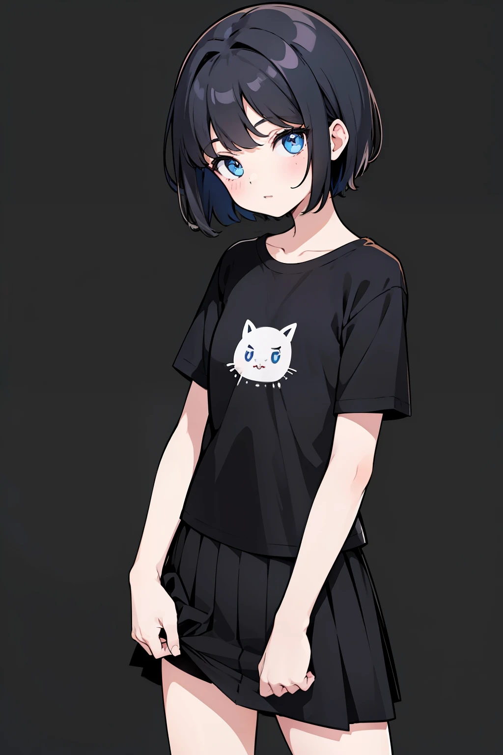 1girl, solo, blue eyes, (detailed eyes), flat chest, short hair, black hair, ((black t-shirt)), simple t-shirt, black skirt, black socks, standing, upper body, (white background), Transparent background, looking down, ((masterpiece, illustration, best quality)) 