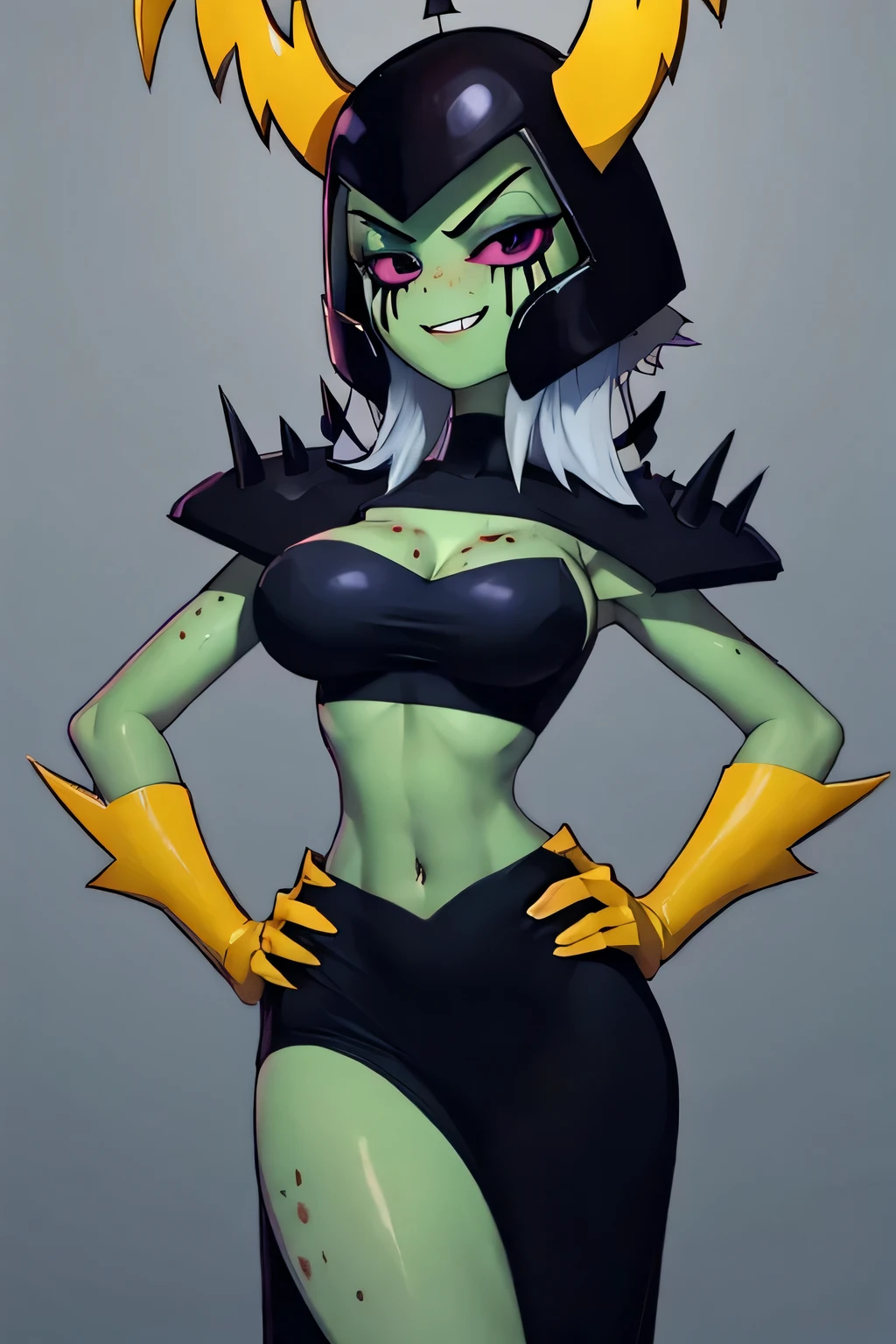 masterpiece, best quality, 1girl, simple background, LORD DOMINATOR, hands on hips, seductive expression, looking at viewer, HELMET, HORNS, cowboy shot, detailed face, large breasts, black dress, green skin, (1girl, solo:1.2), standing, large breasts, smirk, breast sag,