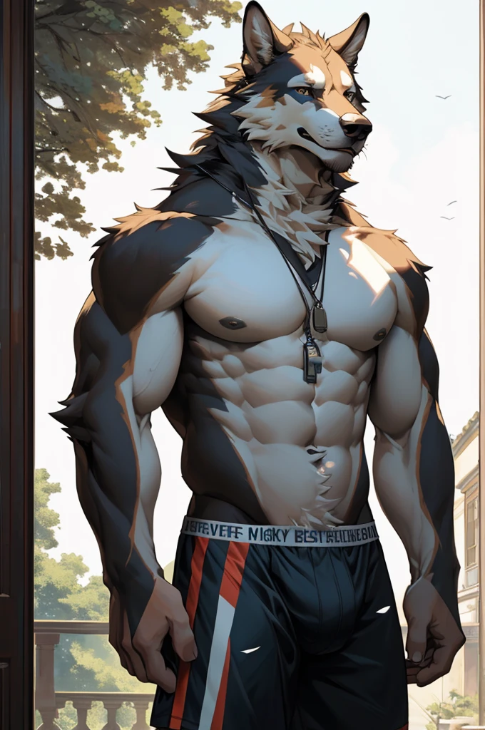 (best quality,4k,8k,highres,masterpiece:1.2),ultra-detailed,(realistic,photorealistic,photo-realistic:1.37),Solo, Furry, Anthro, Borzoi, Male, E621, Standing, Wearing Boxer Shorts, Muscular Body, Front view, Hands behind back, Simple image background, By Fabercastel