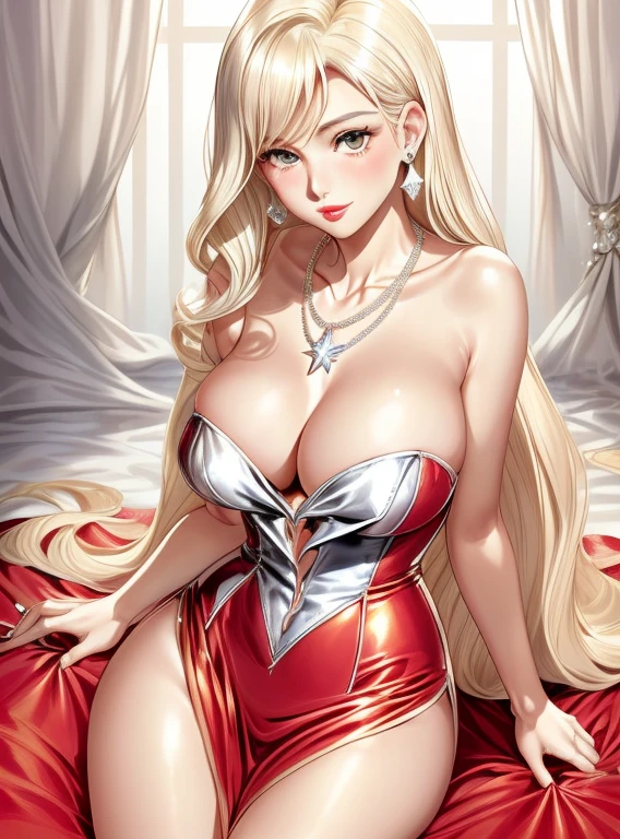 Close-up of woman holding necklace and pendant, face like Marlin Monroe, platinum blondee, Inspired by Marilyn Bendel, Face, like Esther Ecbusito., platinum blonde, The most beautiful woman on earth, platinum blondee hair, Thick red lips, Sexy red lips, Short bleached blonde hair, Marlin Monroe, with very thin lips, Leaked image