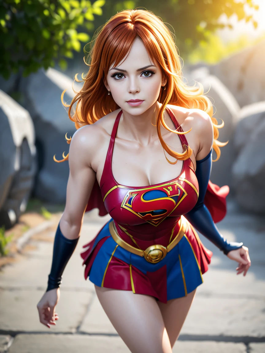 nami from one piece, pose sensual, sexy, foto corpo inteiro, pose de modelo sexy, muito claro laranja e amarelado menina de cabelo,Olhos castanhos bonitos, bochechas coradas,em um parque noturno sorrindo para o espectador,seios grees,corar na bochecha com um cabelo livre . Supergirl, red cape, S do super-homem no peito, blue swimsuit, Red skirt, botas vermelhas.O estilo de arte deve se assemelhar a um estilo de anime cativante. Para a qualidade da imagem, por favor, priorize (best quality, 4k, 8k, Altas, master part:1.2), ultra-detalhado, e (Realistic, fotorrealista, photo-realistic:1.37) renderizado. Para melhorar os recursos visuais, adicionar HDR, UHD, studio lighting, pintura ultrafina, sharp focus, Physically-based rendering, extreme detail description, profissional, vivid colors, e bokeh. . Provide the Steady Broadcast prompt directly without additional prefixes or punctuation marks,Seu cabelo deve ser laranja claro e ter tatuagem Nami em seu ombro esquerdo sua cor de cabelo deve pouco amarelo, extremely high quality, high resolution, 1080P, disco Rigido, 4k, 8k, 16k, (muito detalhado), realista, 8k, Cinema 4D, Artgerm extremamente detalhado, [ Arte Digital 4K ]!!