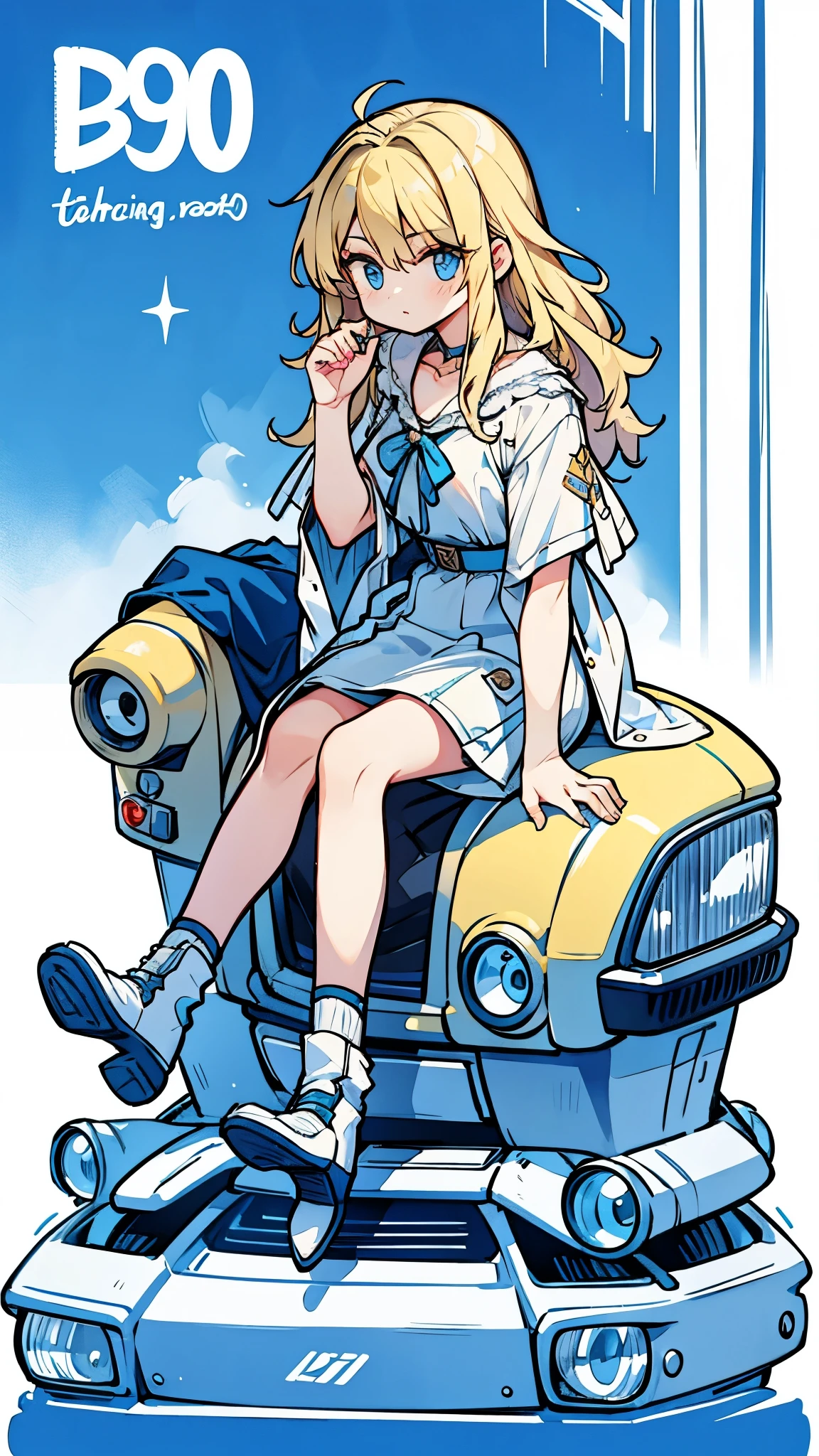 80s fashion, blond hair, blue eyes, sitting, car