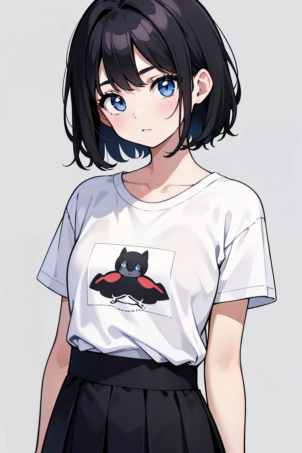 1girl, solo, blue eyes, (detailed eyes), flat chest, short hair, black hair, ((white t-shirt)), simple t-shirt, black skirt, black socks, standing, upper body, (white background), Transparent background, looking down, ((masterpiece, illustration, best quality)) 