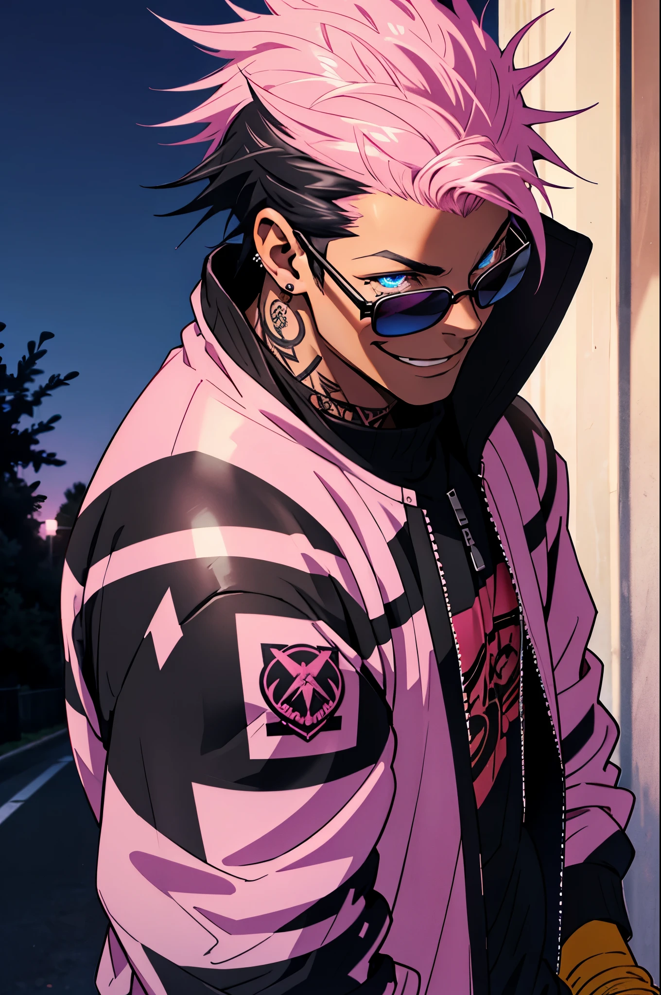 Black young man, punk clothes, cool sun glasses, punk hair, black hair, pink hair, piercings, tattoo, smile, Night, dark place, black man, dark blue eyes