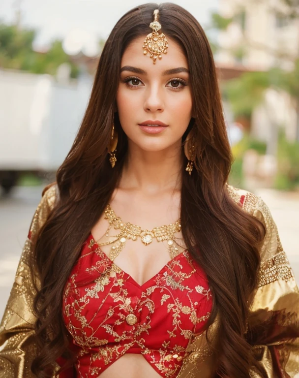 A women in red and golden blouse 