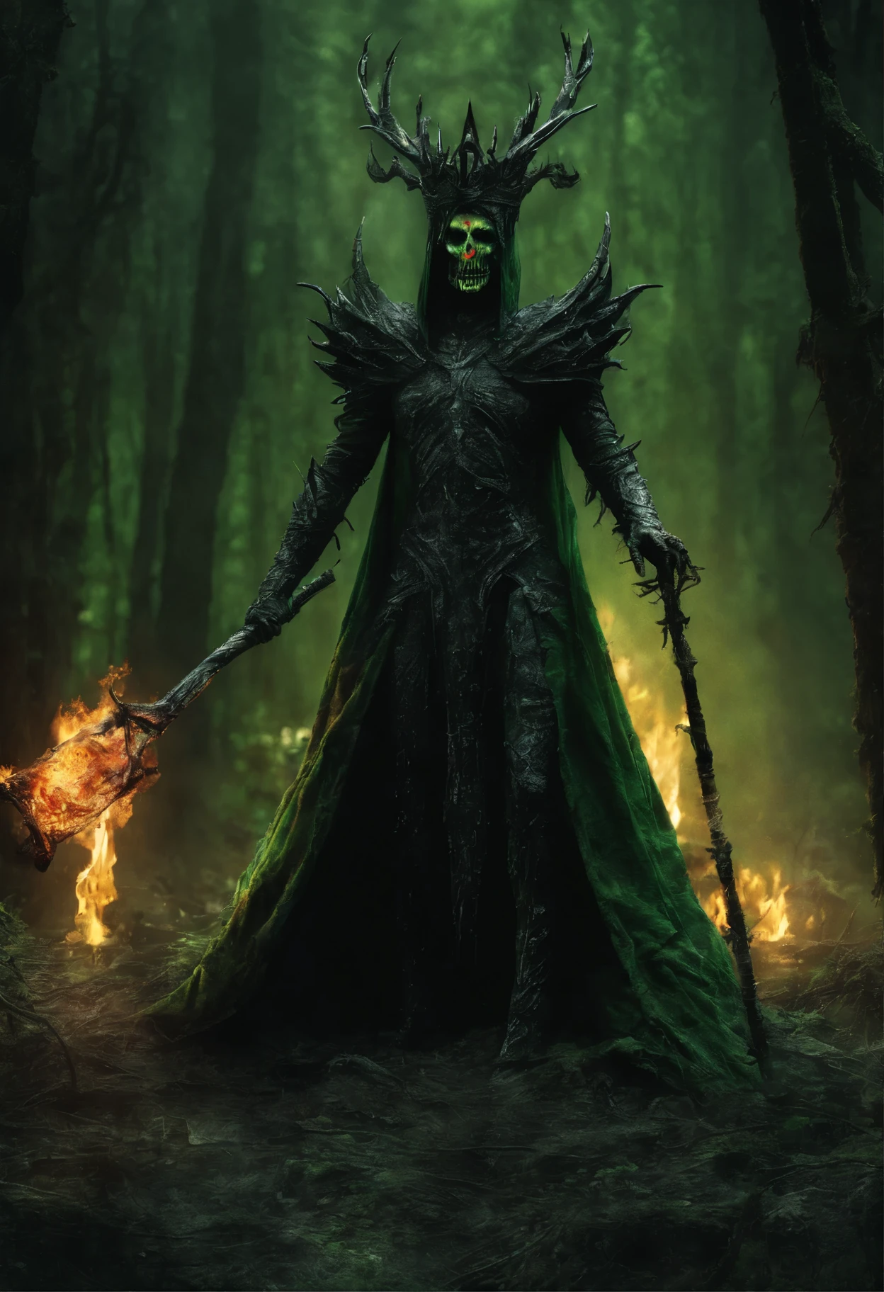 a lich-queen in crown with red glowing eyes walks through a swampy forest BREAK holding a long massive staff, ((green magic flame burning in the tip of the staff):1.5) BREAK night, moon, bats, (Best Quality, 16K, Masterpiece, UHD:1.3, Huge detail, hyper realistic, epic scale, insane level of details)