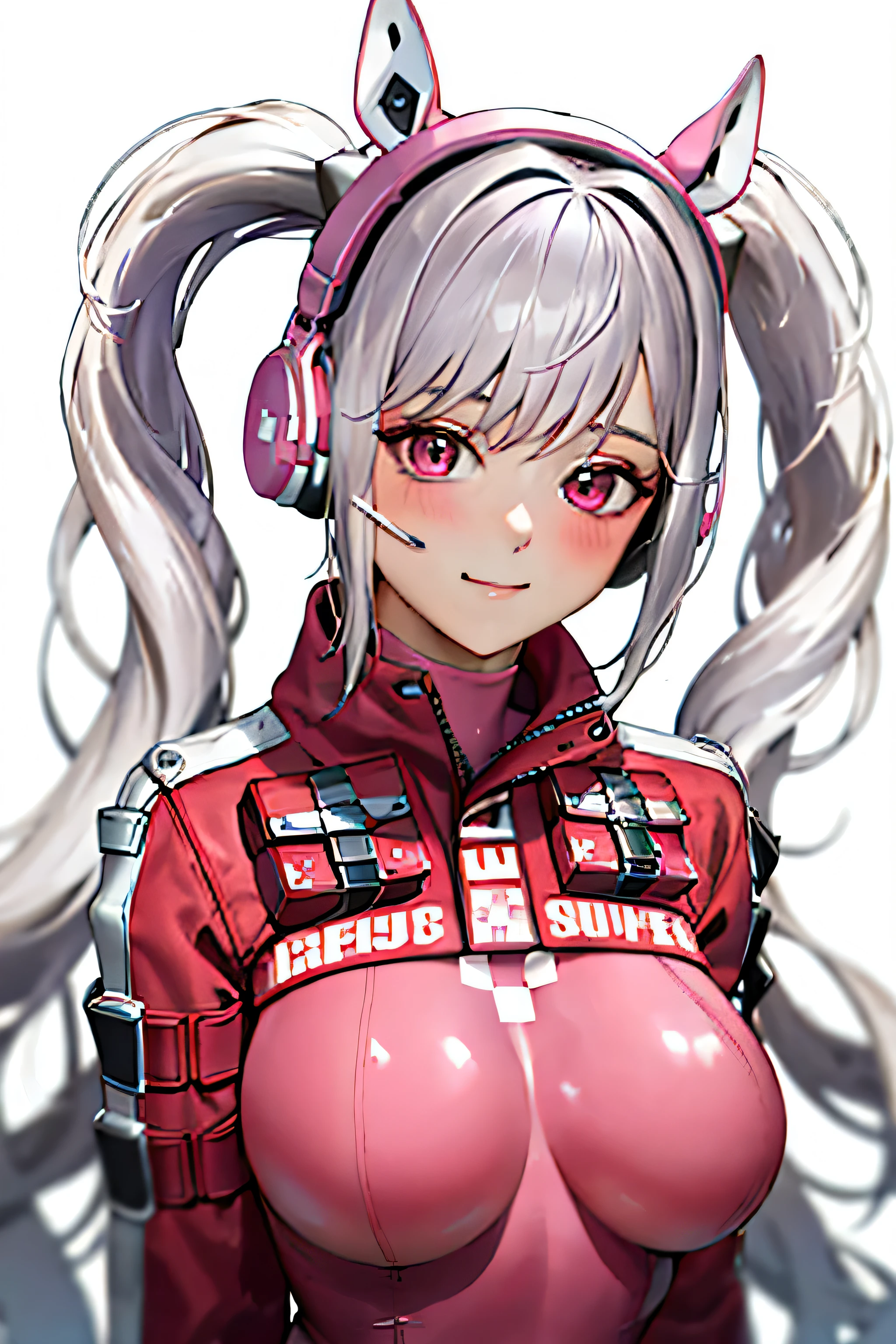 1girl, animal ears, bangs, blush, bodysuit, breasts, closed mouth, fake animal ears, gloves, headphones, headset, horse ears, impossible clothes, jacket, large breasts, long hair, long sleeves, looking at viewer, pink bodysuit, pink eyes, simple background, skin tight, smile, solo, twintails, upper body, very long hair, white background, white gloves, white hair,alice \(nikke\),(masterpiece:1.4),(best quality:1.4),(shiny skin),realistic