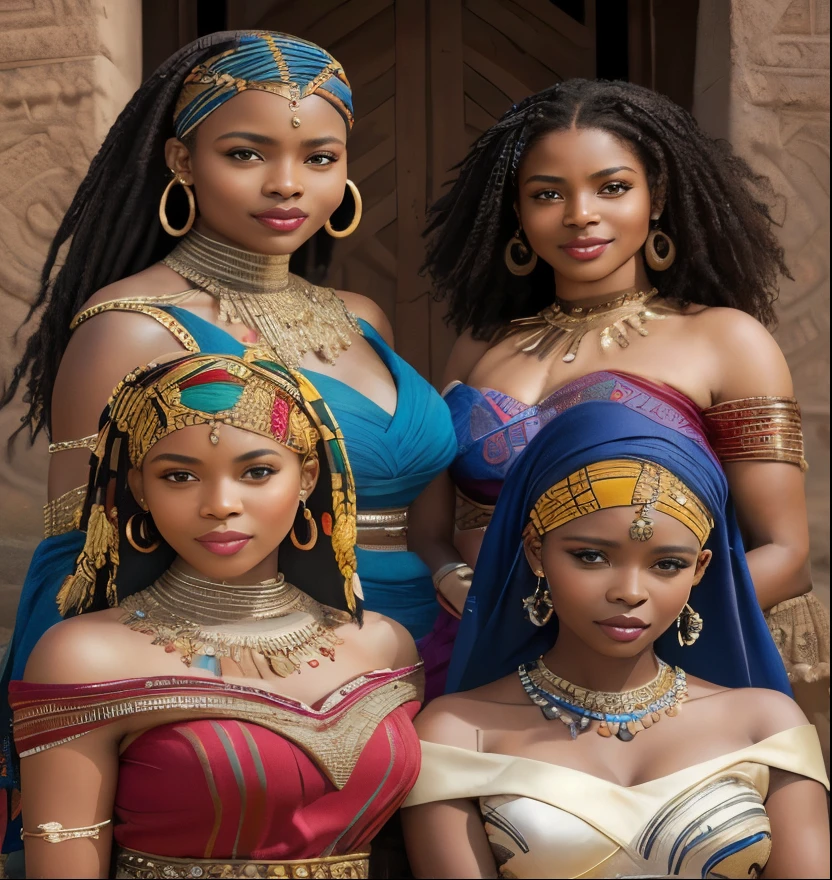 Best quality, masterpiece, super high resolution, super beautiful faces, (smile:0.8), (realism:1.5), original photo, bare shoulders, four women ,four young African royal sisters in a fantasy land dressed in royal beaded jewelry and flowing dresses, African, traditional, traditional African setting, wakanda