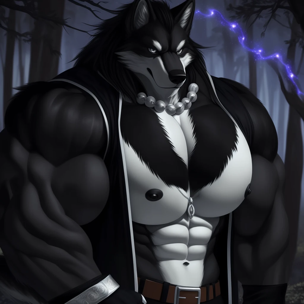 (upload on e621), (Masterpiece), (best quality), (ultra high res), 4K, (8k HD), 2D, (perfect anatomy), (digital art), (official art), (extreme detailed), (ultra detailed), (strapsanime), color, (soft shading), (sharp focus), (((silver electric aura both arms))), (((forest woods background))), 1man, (dark black body fur), (((silver pecs and belly))), (detailed fluffy fur), (ultra detailed face), detailed eyes, detailed iris eyes, detailed yellow eyes, white sclera, (black pupils), (((big navel))), (((abs))), (((fur pectoral))), (((black claw nails))), furry wolf male, mature male, (((giant size))), (((macro size))), (((full body))), (((dark black giant bulky muscular body fur))), canid, (((huge black nipples))), (huge muscles), (((hyper muscles))), (((huge pecs))), (((oversize pecs))), (((giant biceps))), canine, canis, mammal, (((powerful wolf god))), wolf male, fierce face, serious expression, (((badass))), wolf anthro, solo, standing, (((wearing full complete sleeveless long black and silver coat jacket))), (((black and silver full complete sleeveless long coat jacket))), (((dark black longest hair))), (((dark black longest back fur hair))), (((dark black longest hair fur front lay on pecs))), (((perfect fingers))), (((dark black hands and fingers))), (((wearing fingerless black and grey gloves))), (((black and grey fingerless gloves))), (((one black armbands on biceps))), (((three black armbands on forearms))) , (((large longer black prayer beads necklaces on pecs))), (((shiny effect on his prayer beads necklaces))), (((dark black and silver underside long wolf tail))), (((black long pants with silver designs with belt straps on leg))), (((silver electric aura flow entire body)))