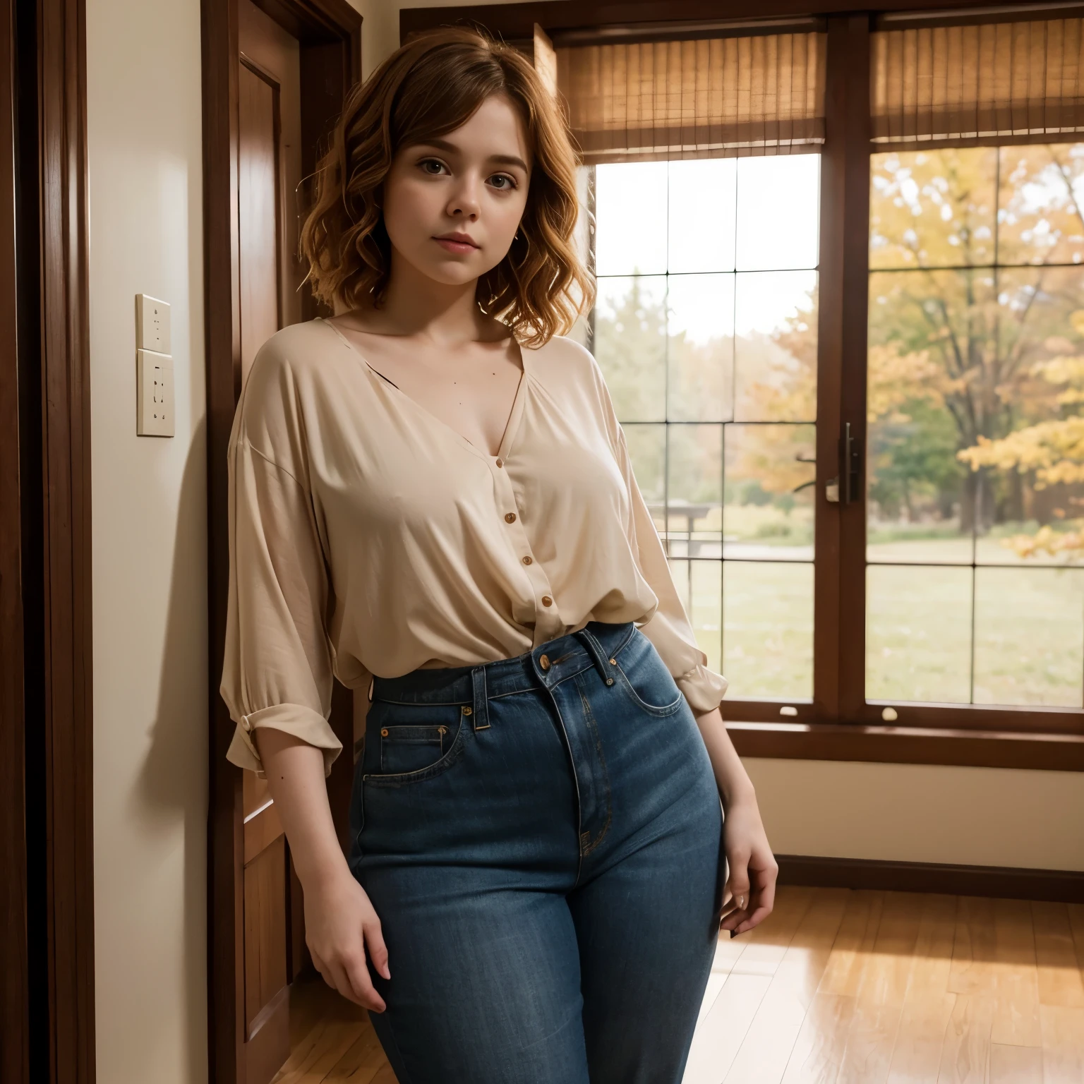 Sophia Lillis, long wavy hair, curvy body, thick thighs, autumn room, loose blouse, standing, 